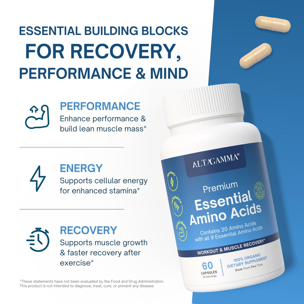 ALTAGAMMA Pure Amino Acids Complex - Protein for Pre/Post Workout, Energy & Muscle Recovery - 9 Essential Amino Acids Supplement (EAA) & BCAAs - Leucine, Lysine, L Tyrosine, L Arginine, 60 Capsules - TrustMedUSA