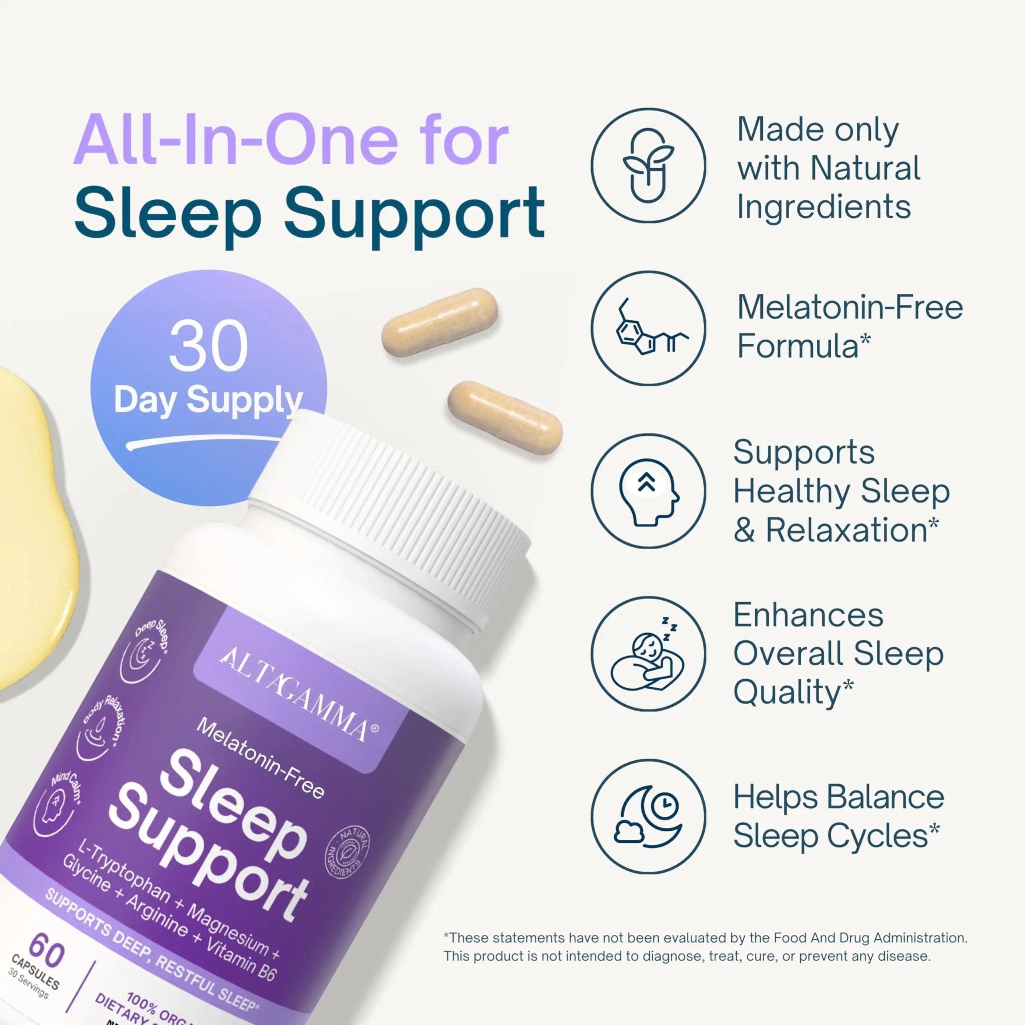 ALTAGAMMA Sleep Support Supplement - Better Sleep Support, Deep Rest & Super Calm - Natural Deep Sleep Supplements for Adults with Vitamins, L Tyrosine, L Tryptophan, Magnesium & Zinc, 60 Capsules - TrustMedUSA