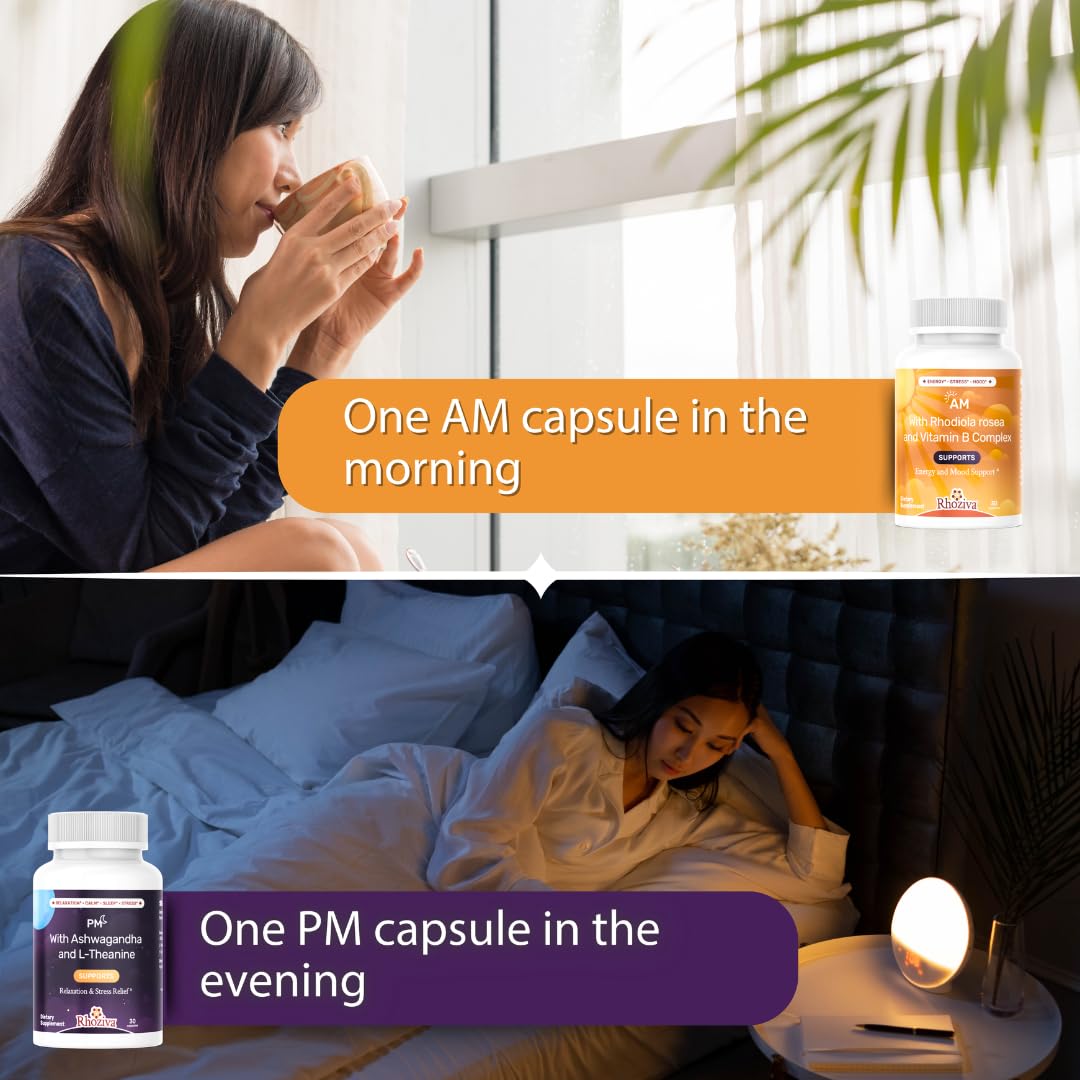 AM PM Multivitamin - Cortisol Supplements for Women and Men with L-Theanine, Ashwagandha - Rhodiola Rosea Supplement 200mg - Vitamin B Complex - Nootropics - Day and Night Vitamins for Women & Men - TrustMedUSA
