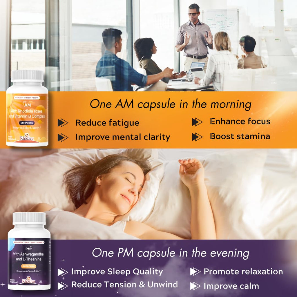 AM PM Multivitamin - Cortisol Supplements for Women and Men with L-Theanine, Ashwagandha - Rhodiola Rosea Supplement 200mg - Vitamin B Complex - Nootropics - Day and Night Vitamins for Women & Men - TrustMedUSA