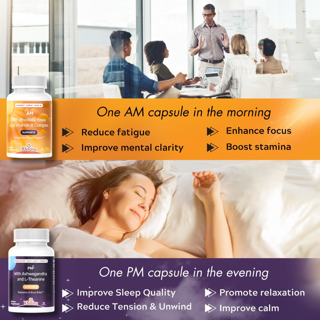 AM PM Multivitamin - Cortisol Supplements for Women and Men with L-Theanine, Ashwagandha - Rhodiola Rosea Supplement 200mg - Vitamin B Complex - Nootropics - Day and Night Vitamins for Women & Men - TrustMedUSA