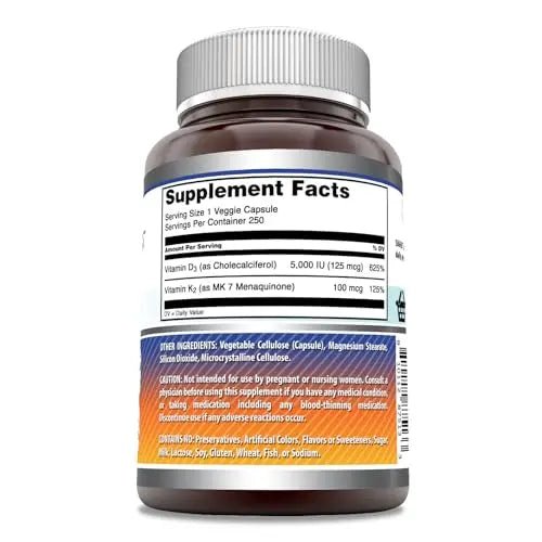 Amazing Formulas Vitamin D3 5000 IU with Vitamin K2 100 Mcg| 250 Veggie Capsules - TrustMedUSA