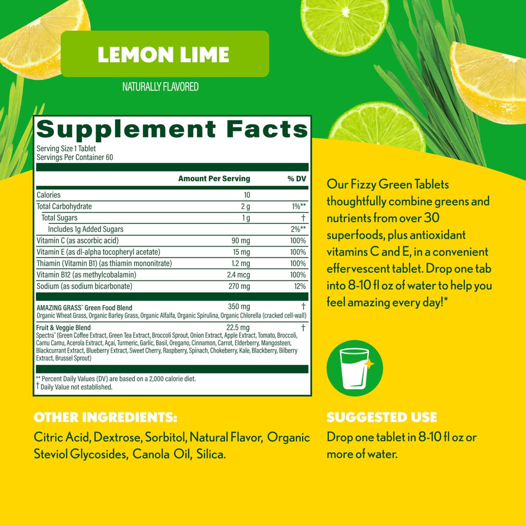 Amazing Grass Effervescent Tablets: Green Superfood Water Flavoring Tablet with Antioxidants & Alkalizing Greens, Lemon Lime, 60 Count - TrustMedUSA
