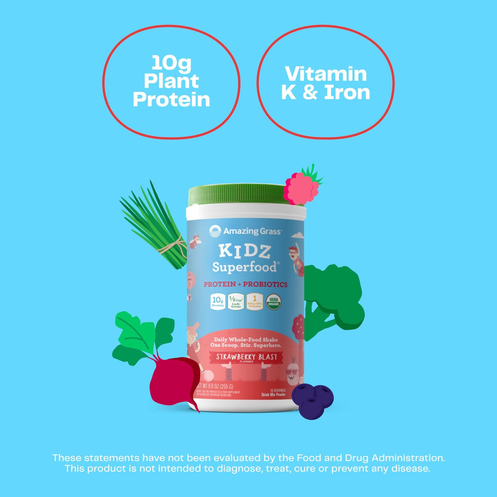 Amazing Grass Kidz Superfood: Vegan Protein & Probiotics for Kids with Beet Root Powder & 1/2 Cup of Leafy Greens, Strawberry Blast, 15 Servings - TrustMedUSA
