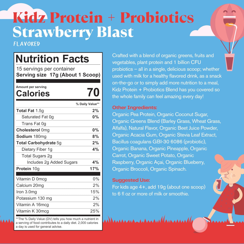 Amazing Grass Kidz Superfood: Vegan Protein & Probiotics for Kids with Beet Root Powder & 1/2 Cup of Leafy Greens, Strawberry Blast, 15 Servings - TrustMedUSA