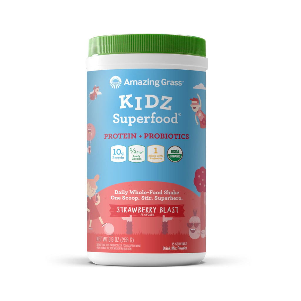 Amazing Grass Kidz Superfood: Vegan Protein & Probiotics for Kids with Beet Root Powder & 1/2 Cup of Leafy Greens, Strawberry Blast, 15 Servings - TrustMedUSA