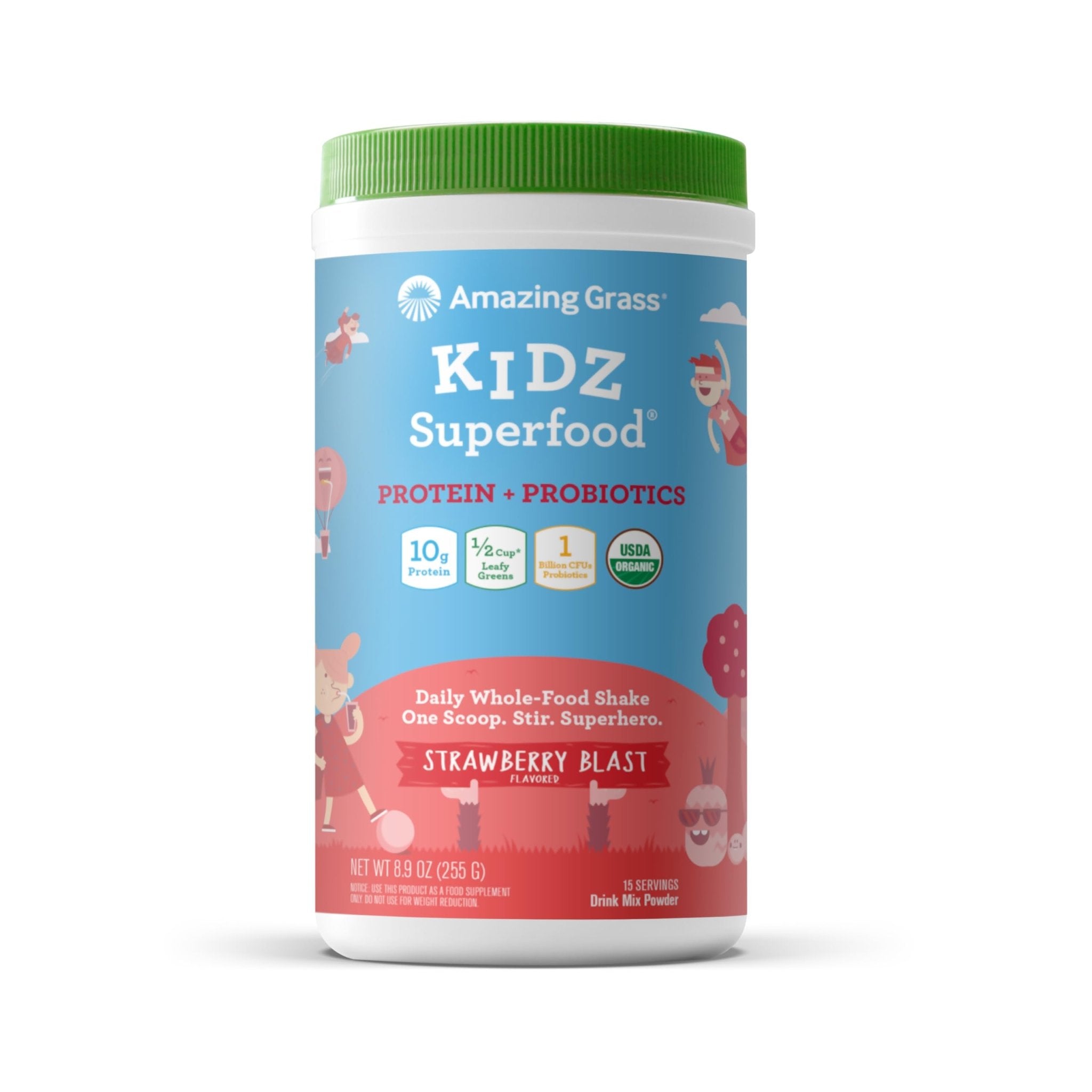 Amazing Grass Kidz Superfood: Vegan Protein & Probiotics for Kids with Beet Root Powder & 1/2 Cup of Leafy Greens, Strawberry Blast, 15 Servings - TrustMedUSA
