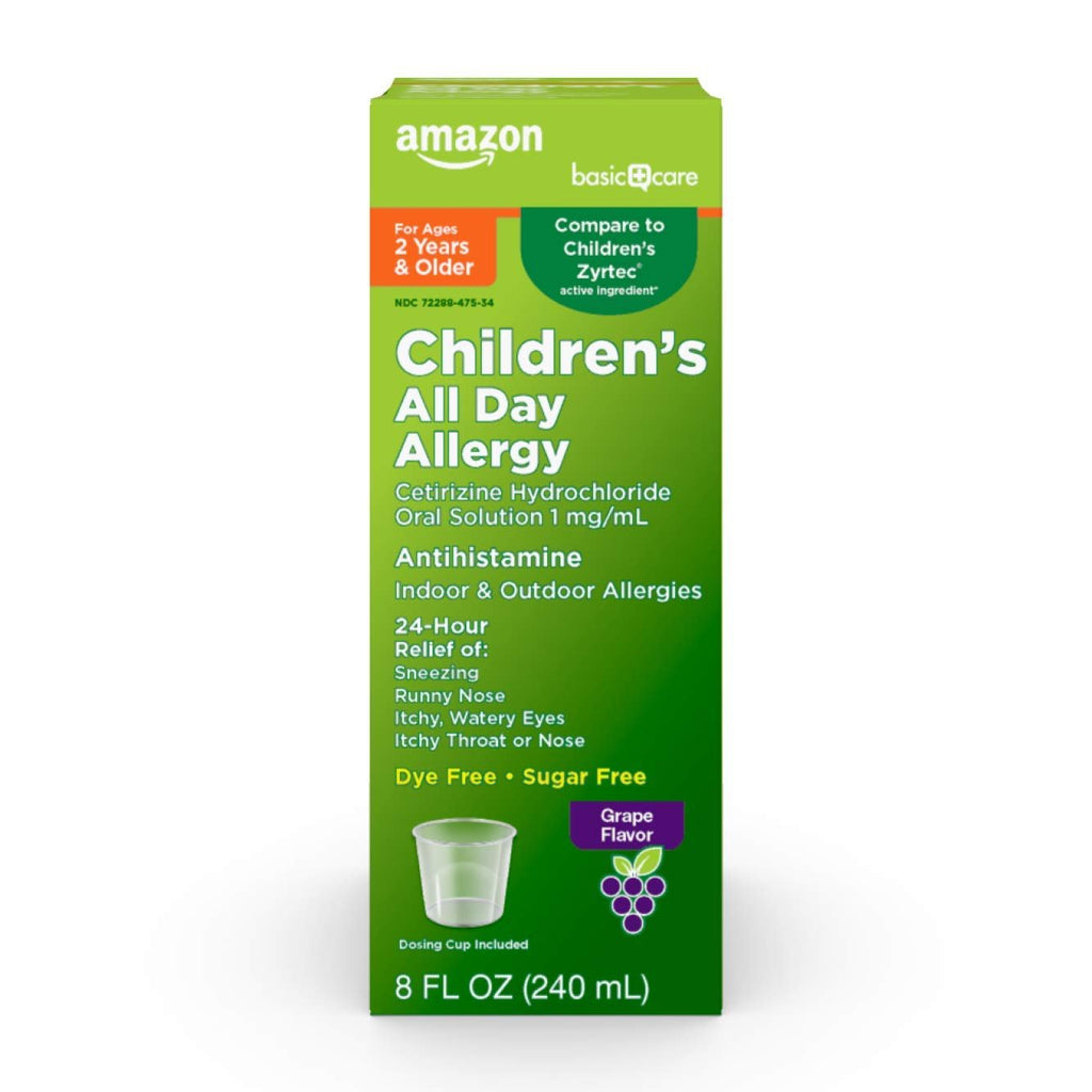 Amazon Basic Care 24 Hour Allergy Relief for Children, Cetirizine Hydrochloride Oral Solution 1 mg/mL, Grape Flavor, Dye Free, 8 fl oz (Pack of 1) - Maple Wellness Supplements