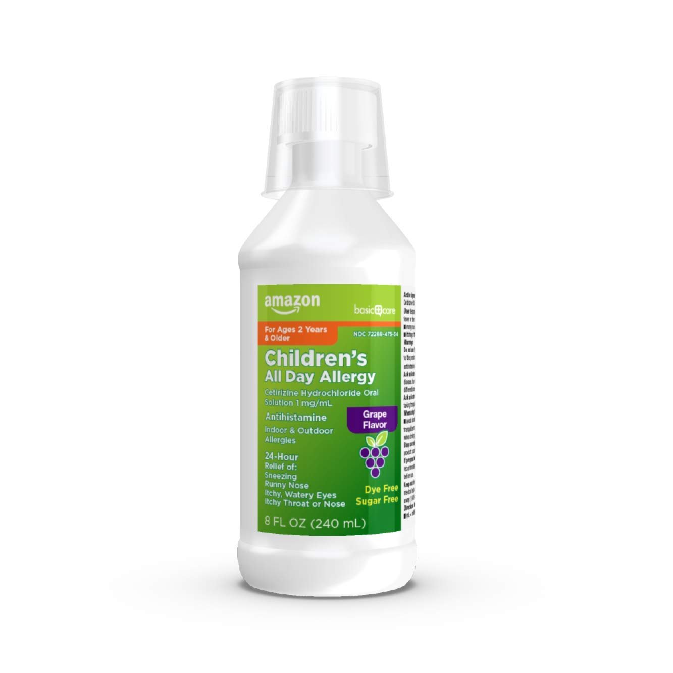 Amazon Basic Care 24 Hour Allergy Relief for Children, Cetirizine Hydrochloride Oral Solution 1 mg/mL, Grape Flavor, Dye Free, 8 fl oz (Pack of 1) - Maple Wellness Supplements