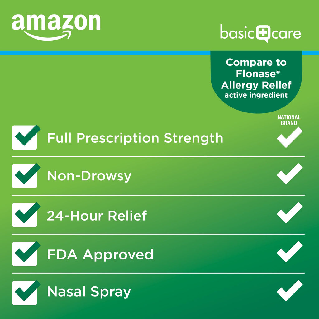 Amazon Basic Care 24-Hour Allergy Relief Nasal Spray, Fluticasone Propionate (Glucocorticoid), 50 mcg, Full Prescription Strength, Non-Drowsy, 0.62 Fl Oz - Maple Wellness Supplements
