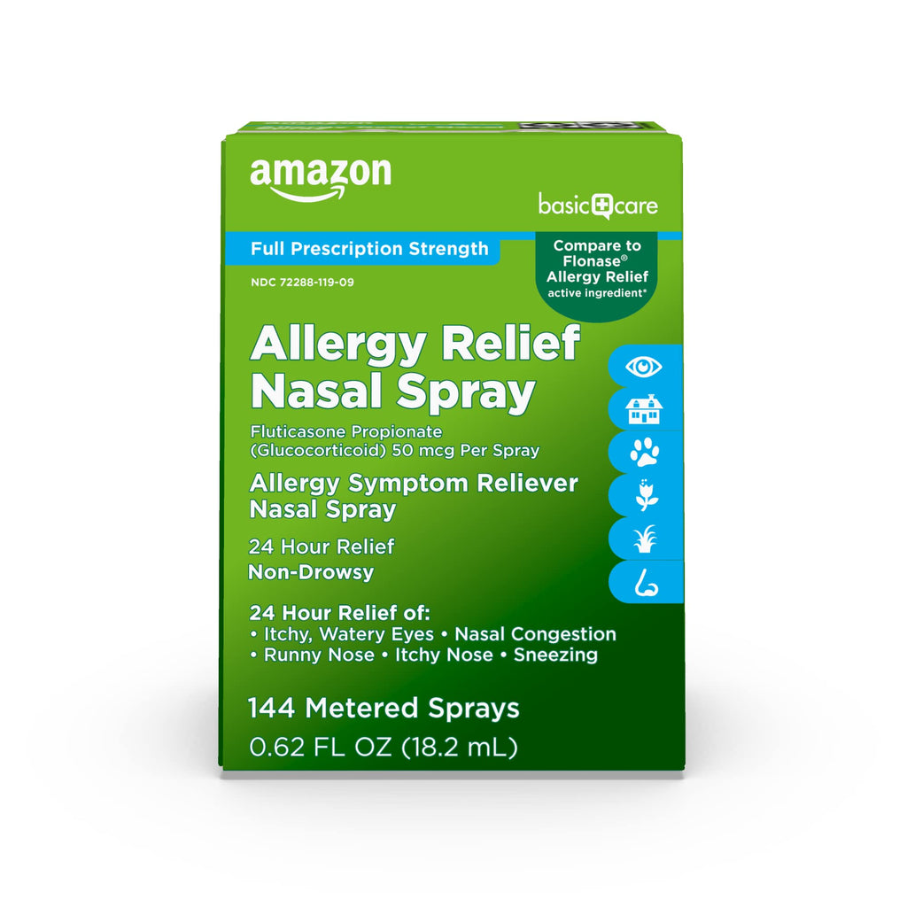 Amazon Basic Care 24-Hour Allergy Relief Nasal Spray, Fluticasone Propionate (Glucocorticoid), 50 mcg, Full Prescription Strength, Non-Drowsy, 0.62 Fl Oz - Maple Wellness Supplements