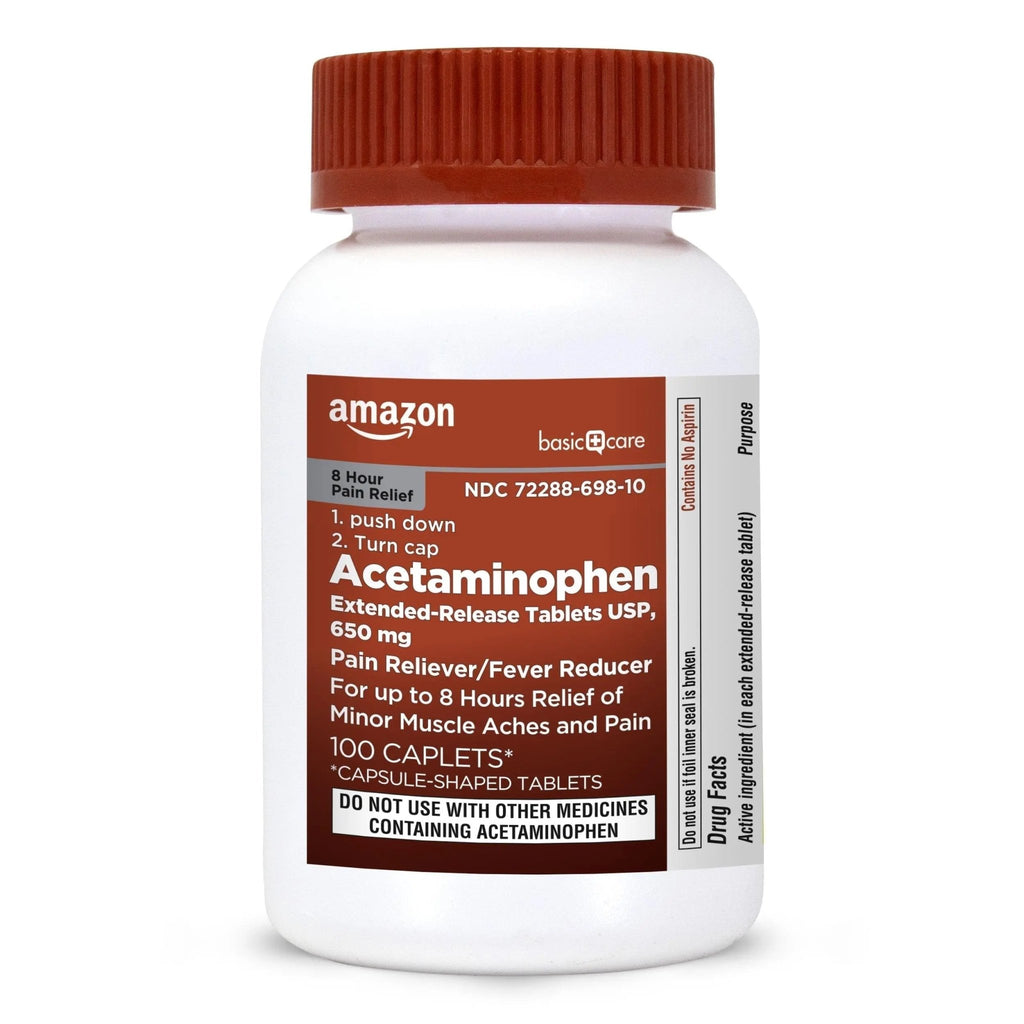 Amazon Basic Care Acetaminophen Extended-Release Tablets, 650 mg, Pain Reliever, Fever Reducer, 8 Hour Relief, 100 Count - TrustMedUSA