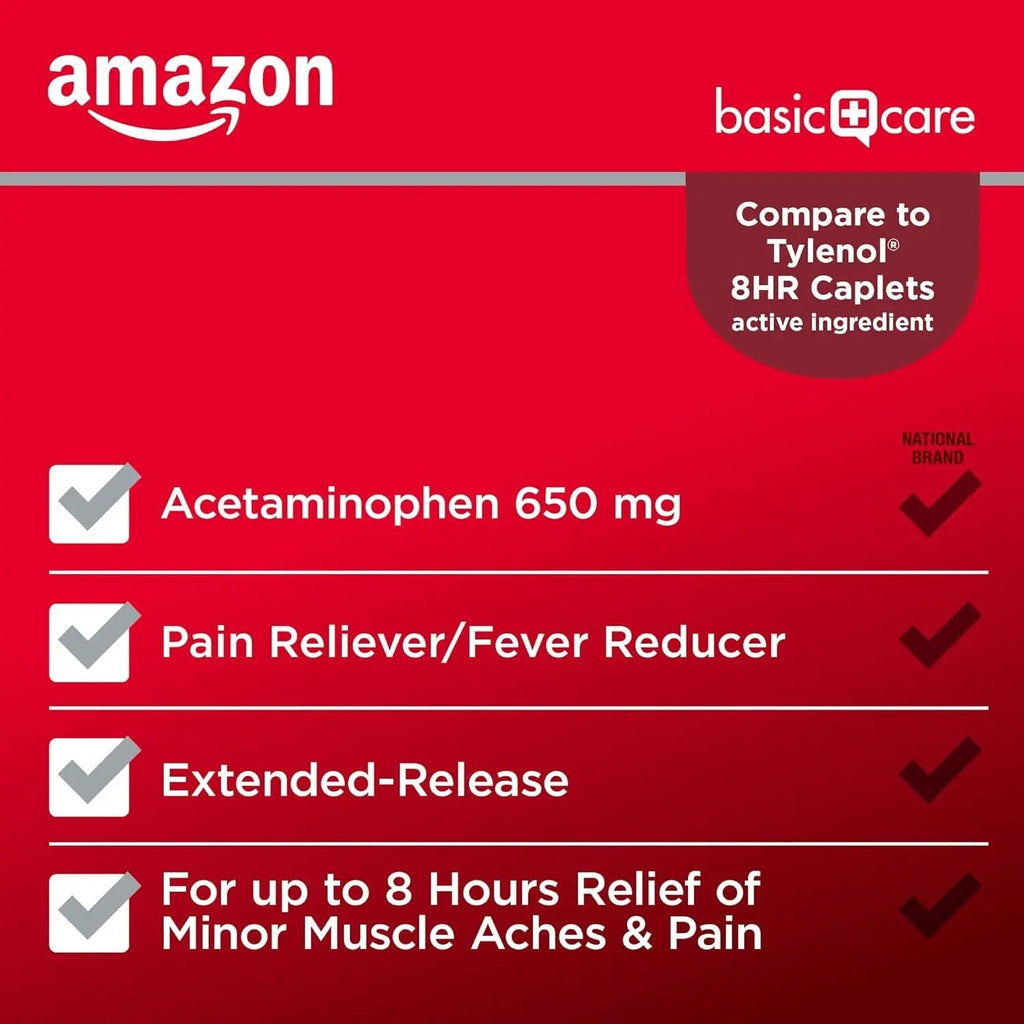 Amazon Basic Care Acetaminophen Extended-Release Tablets, 650 mg, Pain Reliever, Fever Reducer, 8 Hour Relief, 100 Count - TrustMedUSA