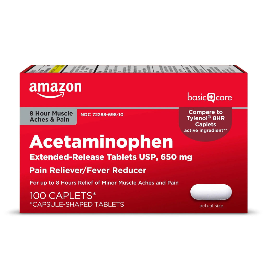 Amazon Basic Care Acetaminophen Extended-Release Tablets, 650 mg, Pain Reliever, Fever Reducer, 8 Hour Relief, 100 Count - TrustMedUSA