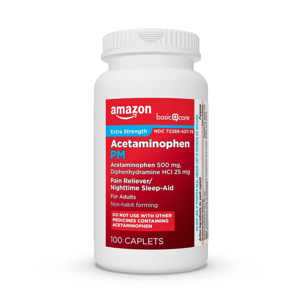 Amazon Basic Care Acetaminophen PM, Pain Reliever Plus Nighttime Sleep Aid, Blue, 100 Count - TrustMedUSA