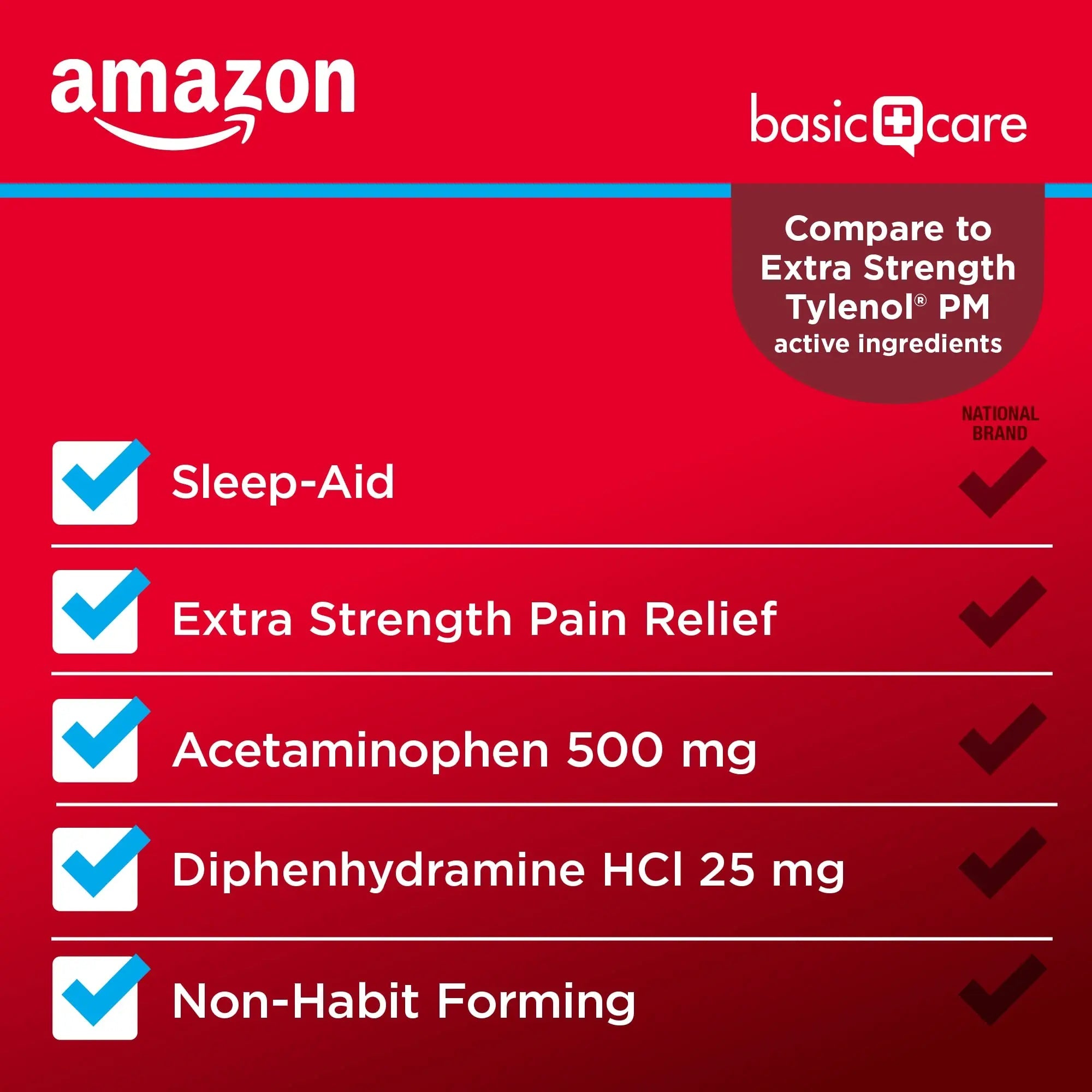 Amazon Basic Care Acetaminophen PM, Pain Reliever Plus Nighttime Sleep Aid, Blue, 100 Count - TrustMedUSA