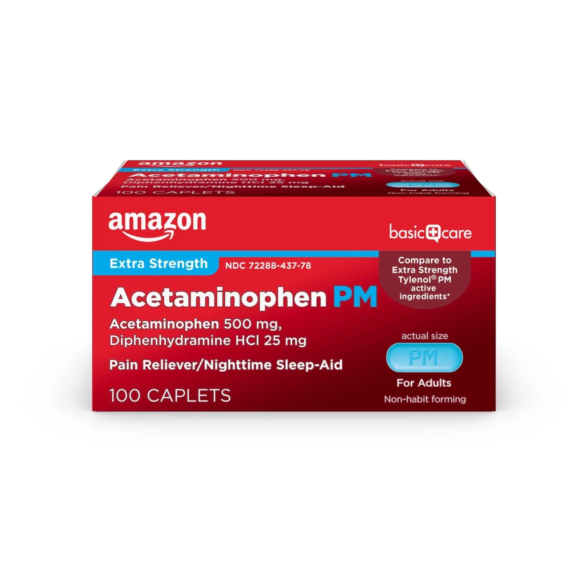 Amazon Basic Care Acetaminophen PM, Pain Reliever Plus Nighttime Sleep Aid, Blue, 100 Count - TrustMedUSA