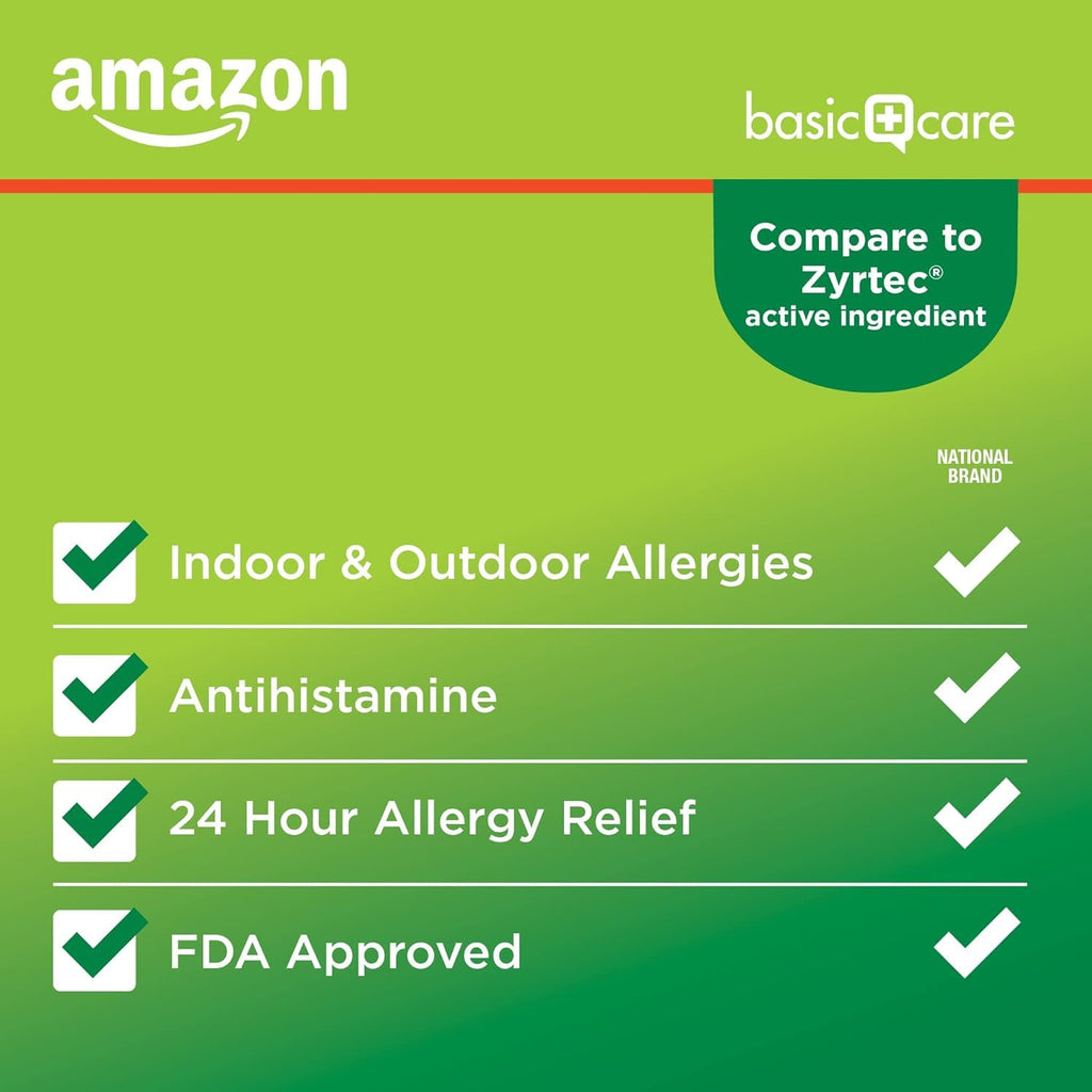 Amazon Basic Care All Day Allergy, Cetirizine Hydrochloride Tablets, 10 mg, 24-Hour Relief for Sneezing, Runny Nose, Itchy Eyes & Throat, Indoor & Outdoor Allergy Relief, 30 Count - Maple Wellness Supplements