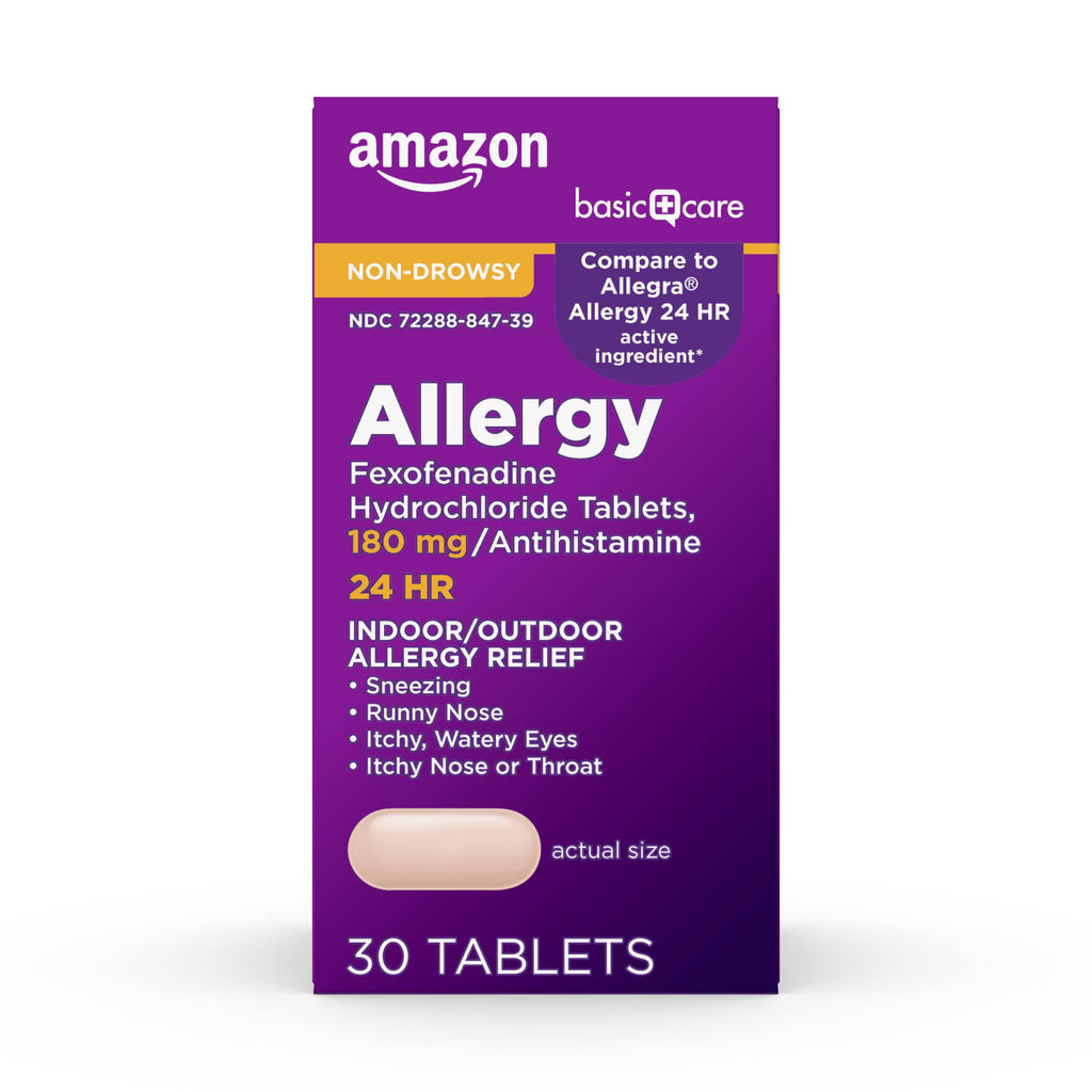 Amazon Basic Care All Day Allergy Relief, Fexofenadine Hydrochloride Tablets, 180 mg, Antihistamine, Non-Drowsy, 24-Hour Relief, Indoor & Outdoor Allergy, 30 Count - Maple Wellness Supplements