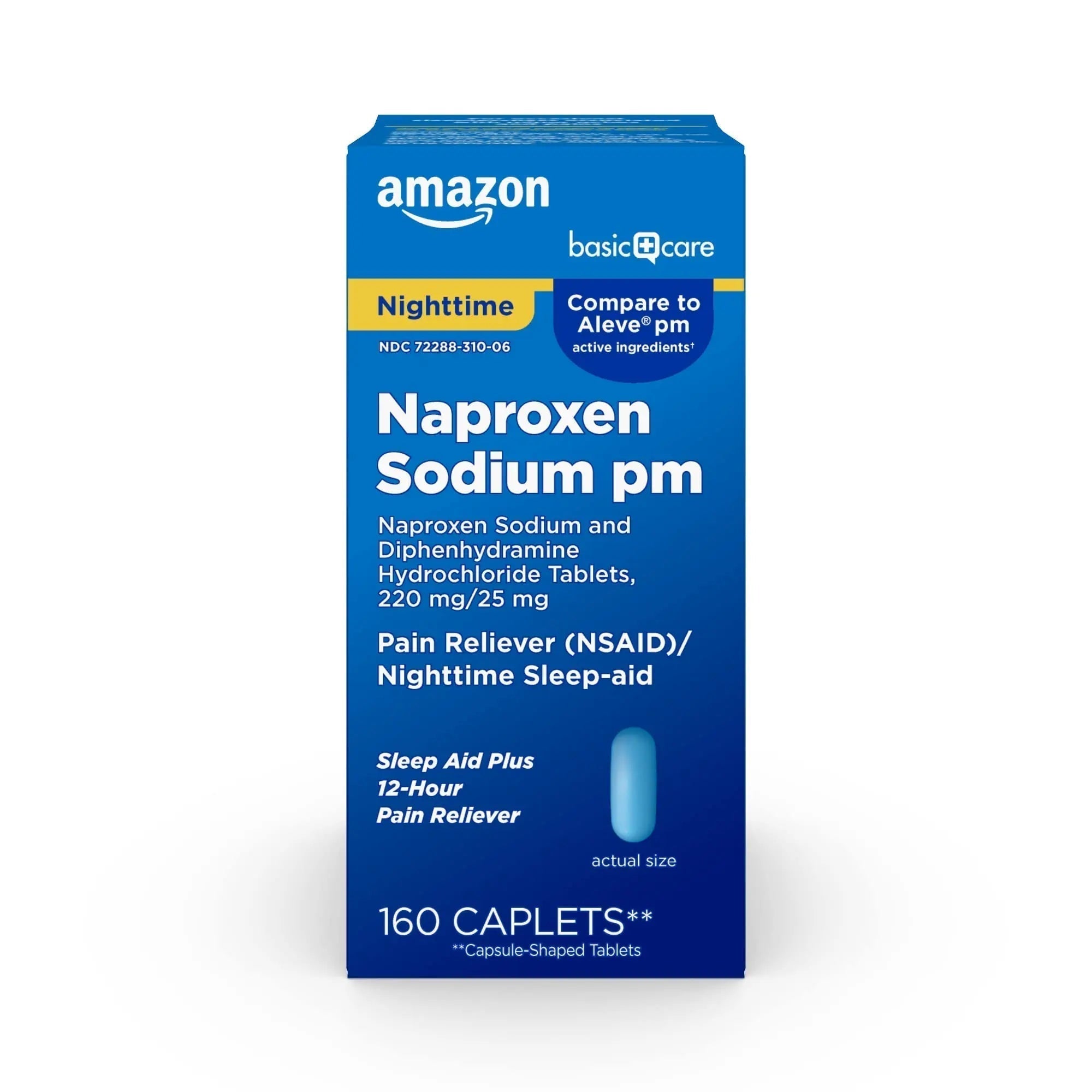 Amazon Basic Care All Night Pain Relief PM, Naproxen Sodium 220 mg/Diphenhydramine Hydrochloride 25 mg Tablets, Pain Reliever/Nighttime Sleep-Aid, 160 Count - TrustMedUSA