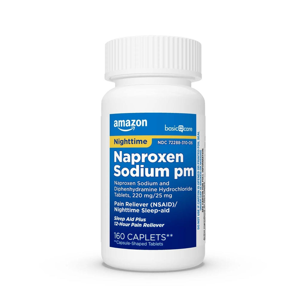 Amazon Basic Care All Night Pain Relief PM, Naproxen Sodium 220 mg/Diphenhydramine Hydrochloride 25 mg Tablets, Pain Reliever/Nighttime Sleep-Aid, 160 Count - TrustMedUSA