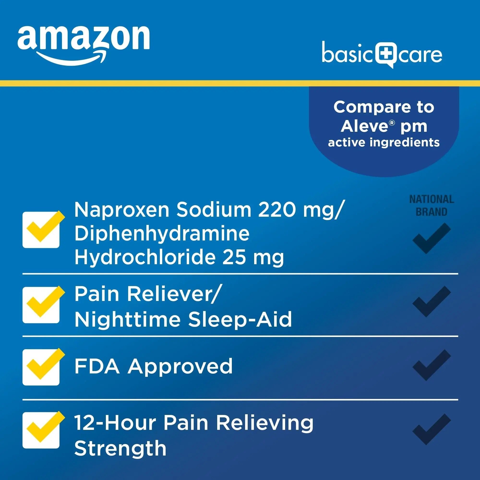 Amazon Basic Care All Night Pain Relief PM, Naproxen Sodium 220 mg/Diphenhydramine Hydrochloride 25 mg Tablets, Pain Reliever/Nighttime Sleep-Aid, 160 Count - TrustMedUSA