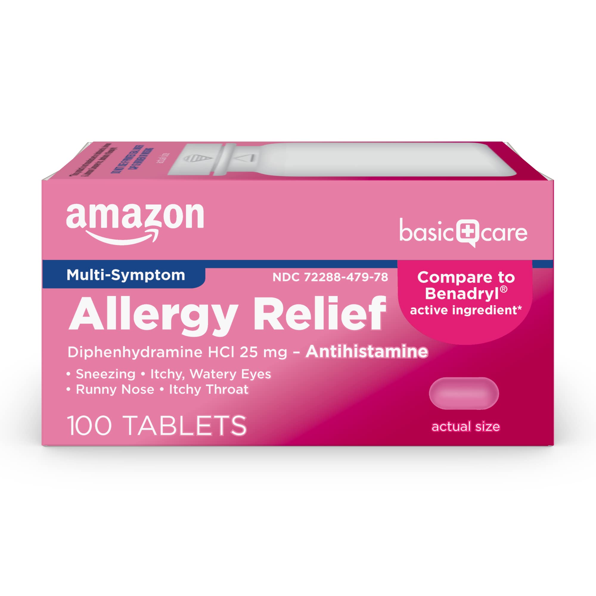 Amazon Basic Care Allergy Relief Diphenhydramine HCl 25 mg, Antihistamine Tablets for Symptoms Due to Hay Fever and Upper Respiratory Allergies, Mini-Tabs, 100 Count - Maple Wellness Supplements