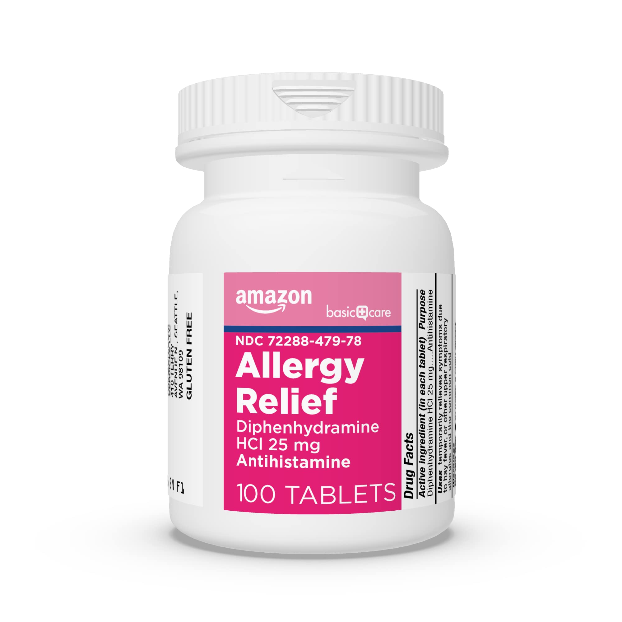 Amazon Basic Care Allergy Relief Diphenhydramine HCl 25 mg, Antihistamine Tablets for Symptoms Due to Hay Fever and Upper Respiratory Allergies, Mini-Tabs, 100 Count - Maple Wellness Supplements