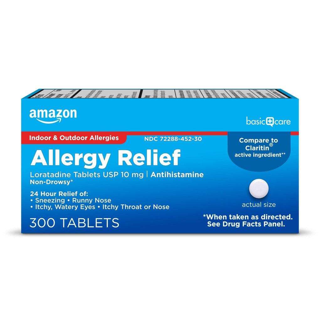 Amazon Basic Care Allergy Relief Loratadine Tablets 10 mg, 24-Hour Non-Drowsy Antihistamine for Runny Nose, Sneezing, Itchy Eyes, 300 Count - Maple Wellness Supplements