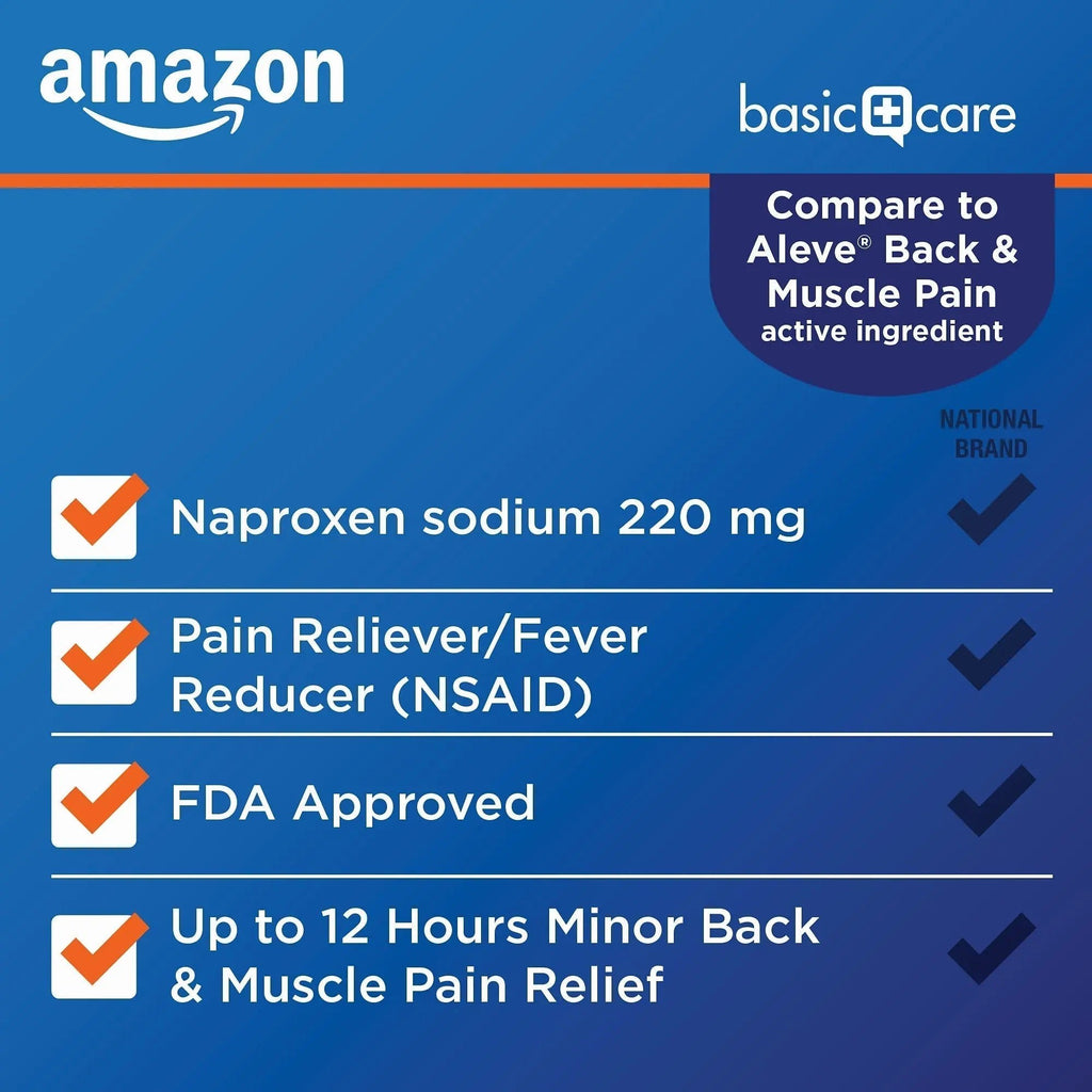 Amazon Basic Care Back and Muscle Pain, 220 mg Naproxen Sodium Tablets, 12-Hour Pain Relief, Headache, Arthritis, Menstrual Cramps, Fever Reducer, 90 Count - TrustMedUSA