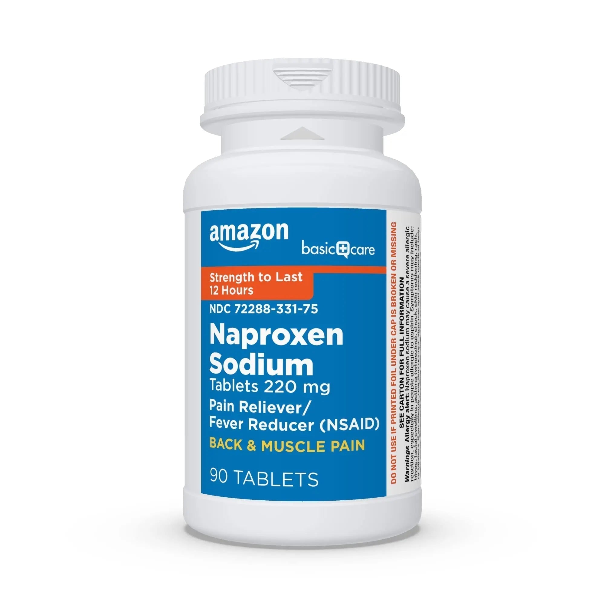Amazon Basic Care Back and Muscle Pain, 220 mg Naproxen Sodium Tablets, 12-Hour Pain Relief, Headache, Arthritis, Menstrual Cramps, Fever Reducer, 90 Count - TrustMedUSA