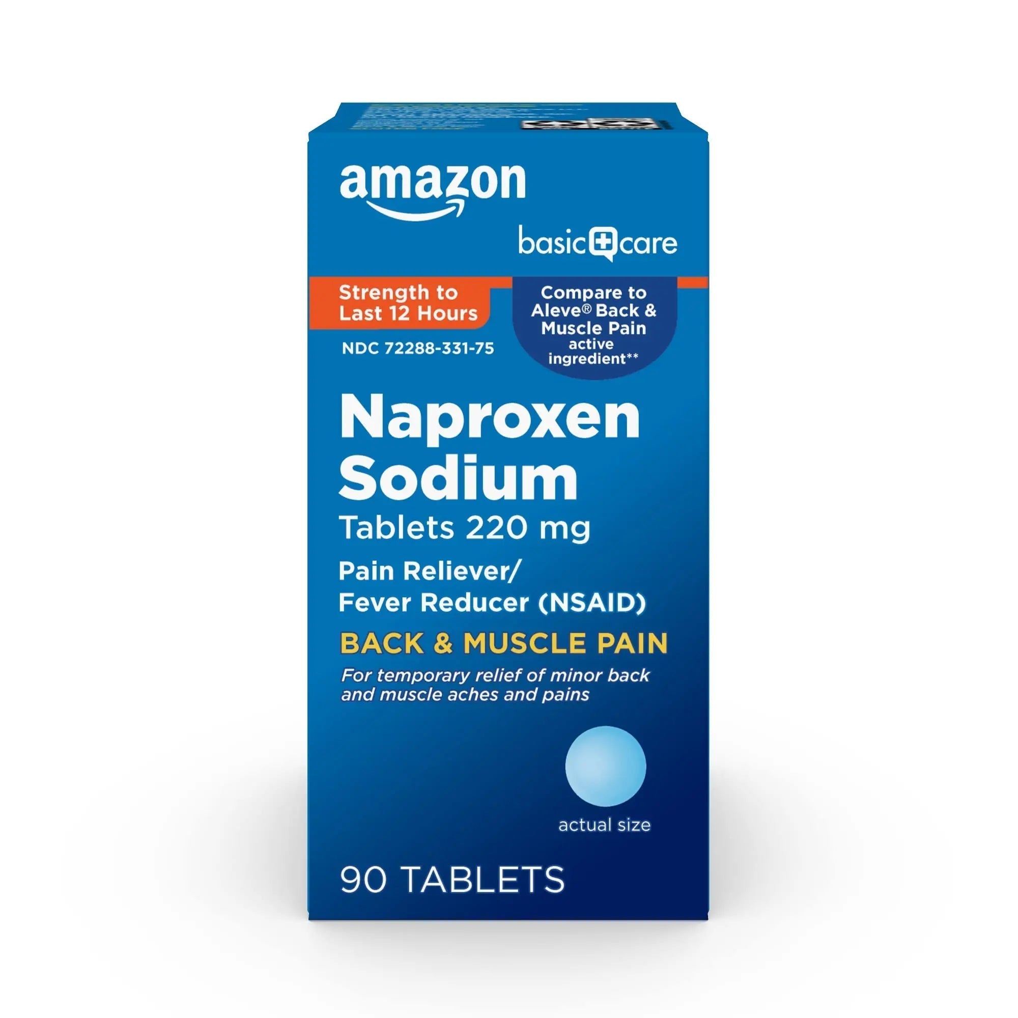 Amazon Basic Care Back and Muscle Pain, 220 mg Naproxen Sodium Tablets, 12-Hour Pain Relief, Headache, Arthritis, Menstrual Cramps, Fever Reducer, 90 Count - TrustMedUSA