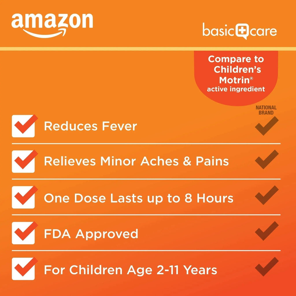 Amazon Basic Care Children's Ibuprofen Chewable Tablets 100 mg, Orange Flavor, Dye Free, Pain Reliever and Fever Reducer (NSAID), For Ages 2-11, 24 Count - TrustMedUSA