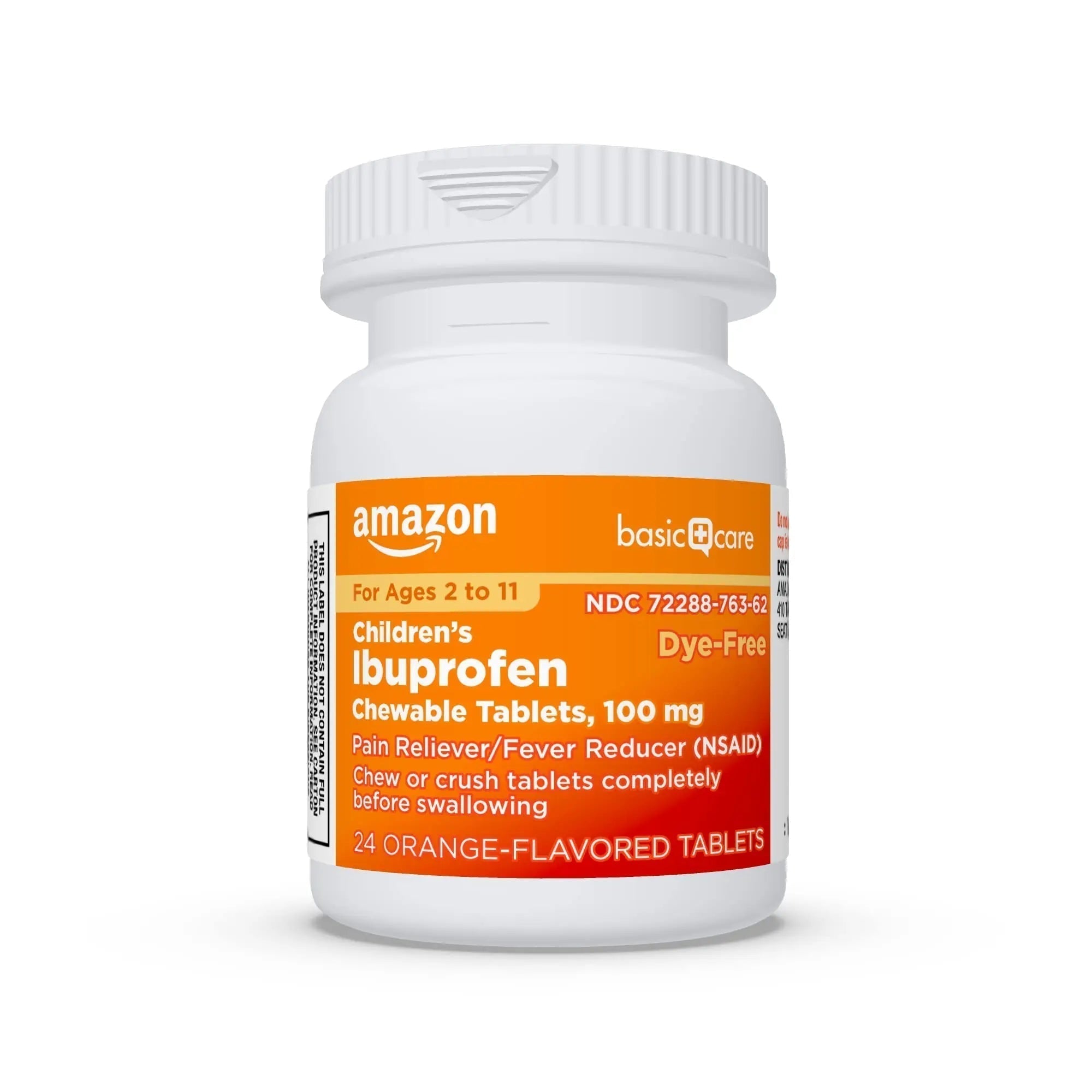 Amazon Basic Care Children's Ibuprofen Chewable Tablets 100 mg, Orange Flavor, Dye Free, Pain Reliever and Fever Reducer (NSAID), For Ages 2-11, 24 Count - TrustMedUSA