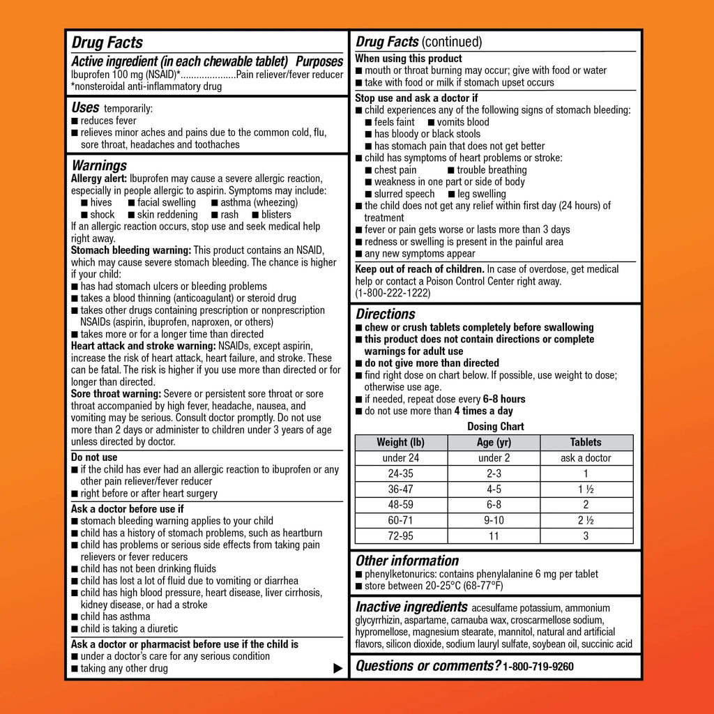 Amazon Basic Care Children's Ibuprofen Chewable Tablets 100 mg, Orange Flavor, Dye Free, Pain Reliever and Fever Reducer (NSAID), For Ages 2-11, 24 Count - TrustMedUSA