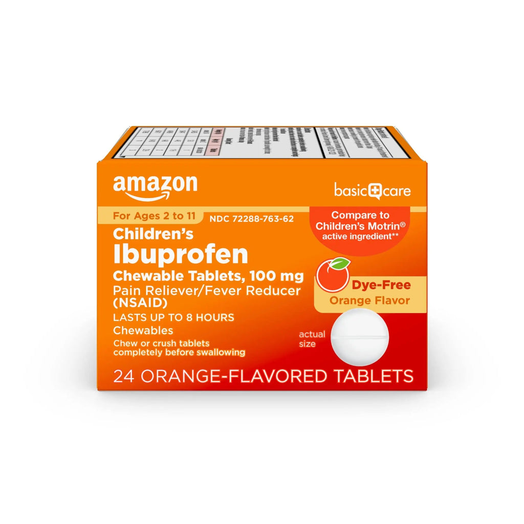 Amazon Basic Care Children's Ibuprofen Chewable Tablets 100 mg, Orange Flavor, Dye Free, Pain Reliever and Fever Reducer (NSAID), For Ages 2-11, 24 Count - TrustMedUSA