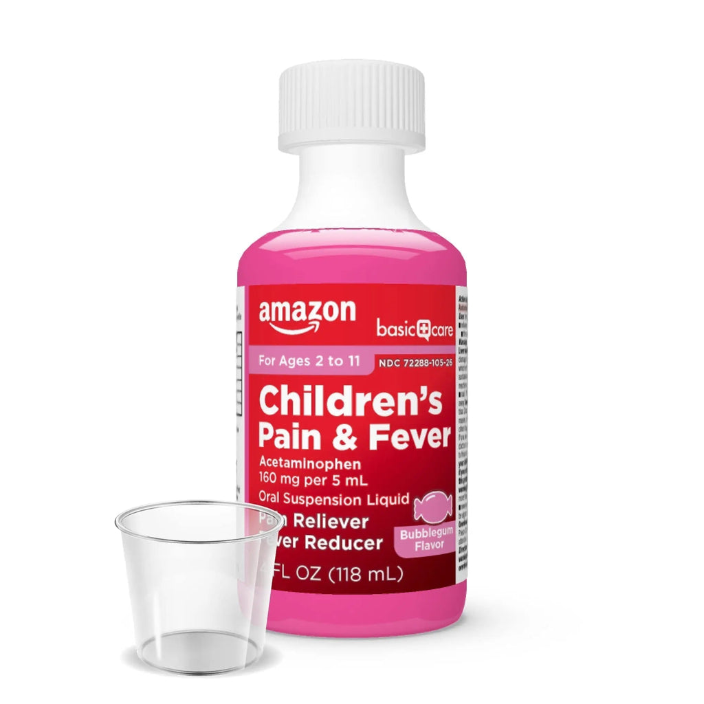 Amazon Basic Care Children's Pain Reliever and Fever Reducer, Acetaminophen 160 mg per 5 ml, Bubblegum Flavor, for Headache and Sore Throat, Ages 2-11 Years, 4 fl oz - TrustMedUSA