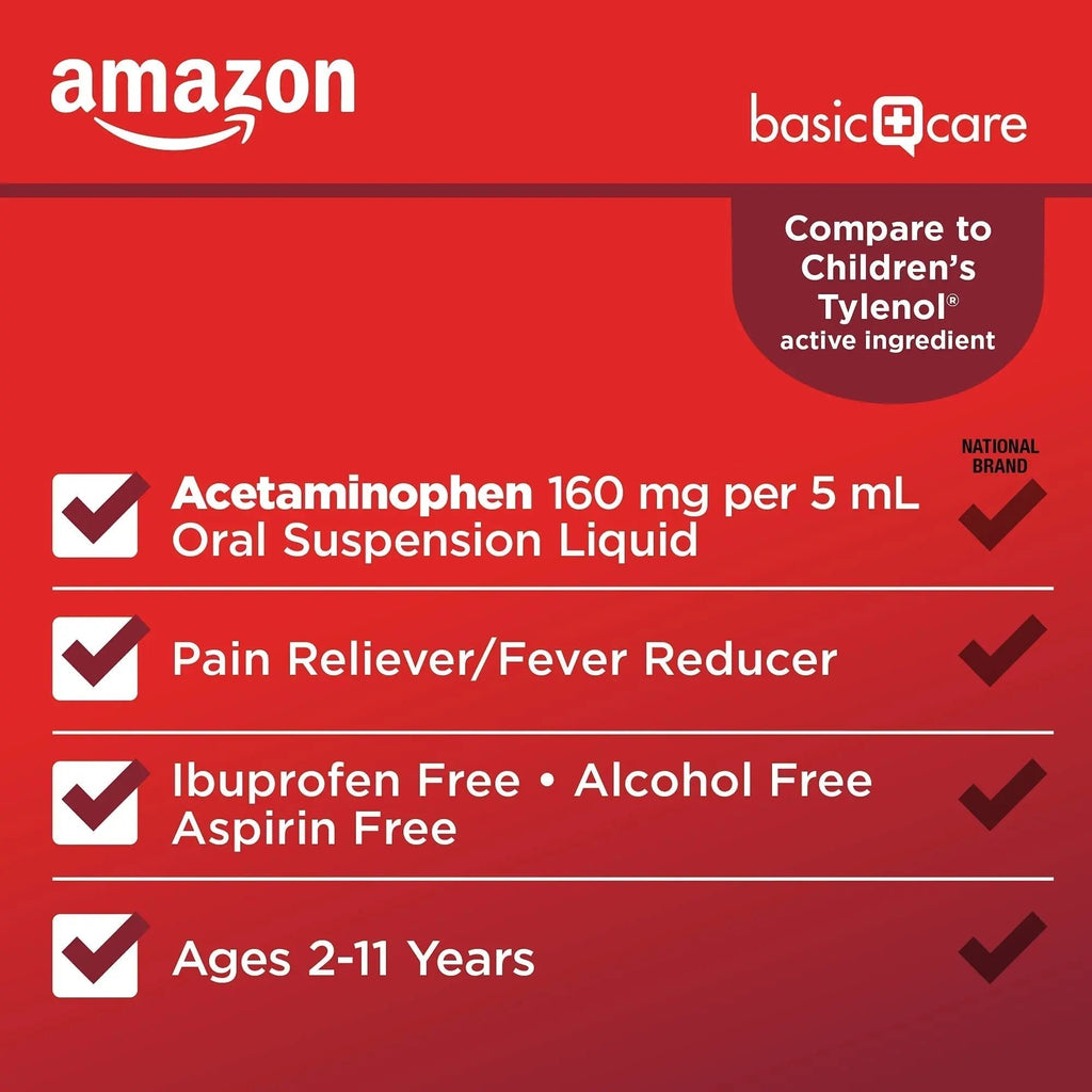 Amazon Basic Care Children's Pain Reliever and Fever Reducer, Acetaminophen 160 mg per 5 ml, Bubblegum Flavor, for Headache and Sore Throat, Ages 2-11 Years, 4 fl oz - TrustMedUSA