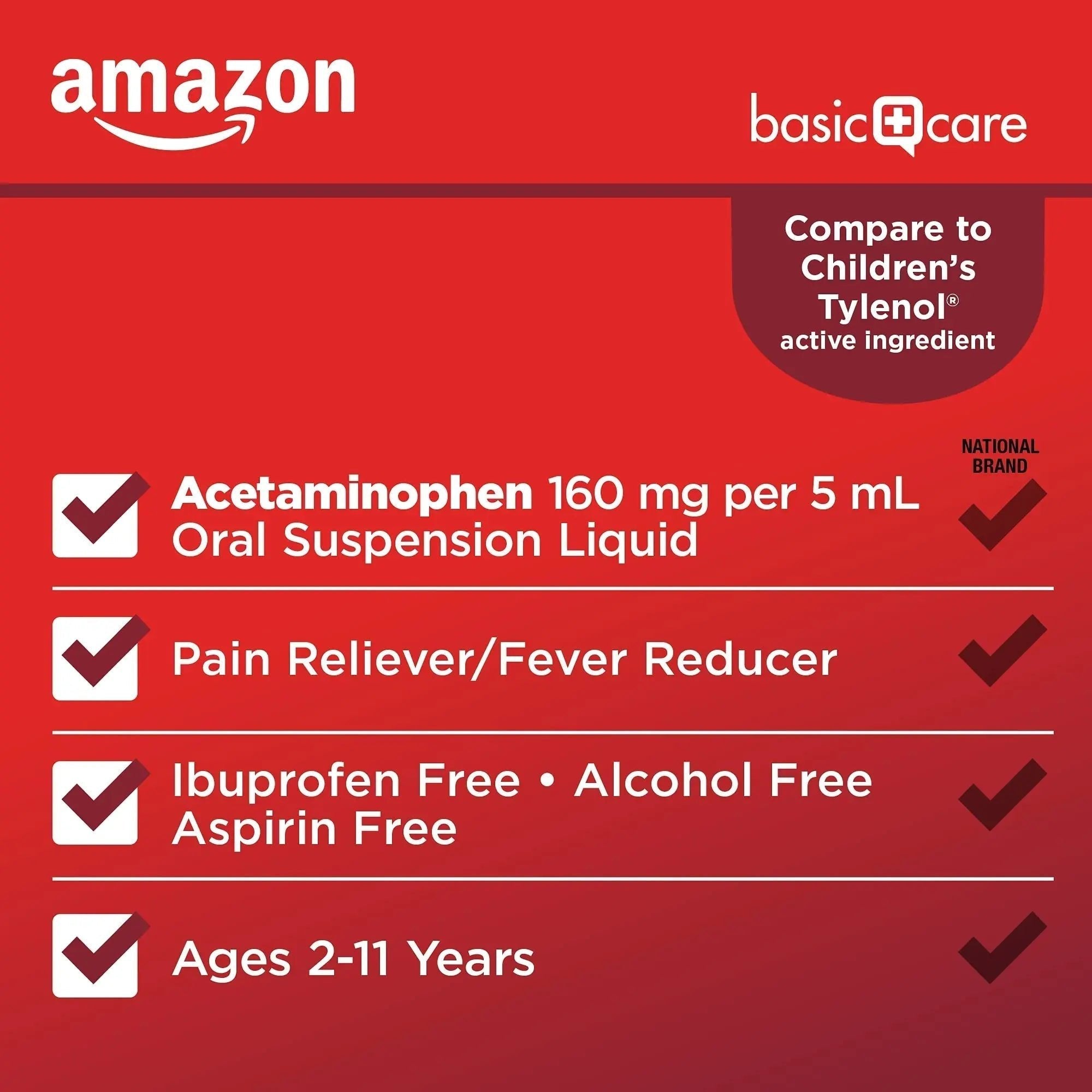 Amazon Basic Care Children's Pain Reliever and Fever Reducer, Acetaminophen 160 mg per 5 ml, Bubblegum Flavor, for Headache and Sore Throat, Ages 2-11 Years, 4 fl oz - TrustMedUSA