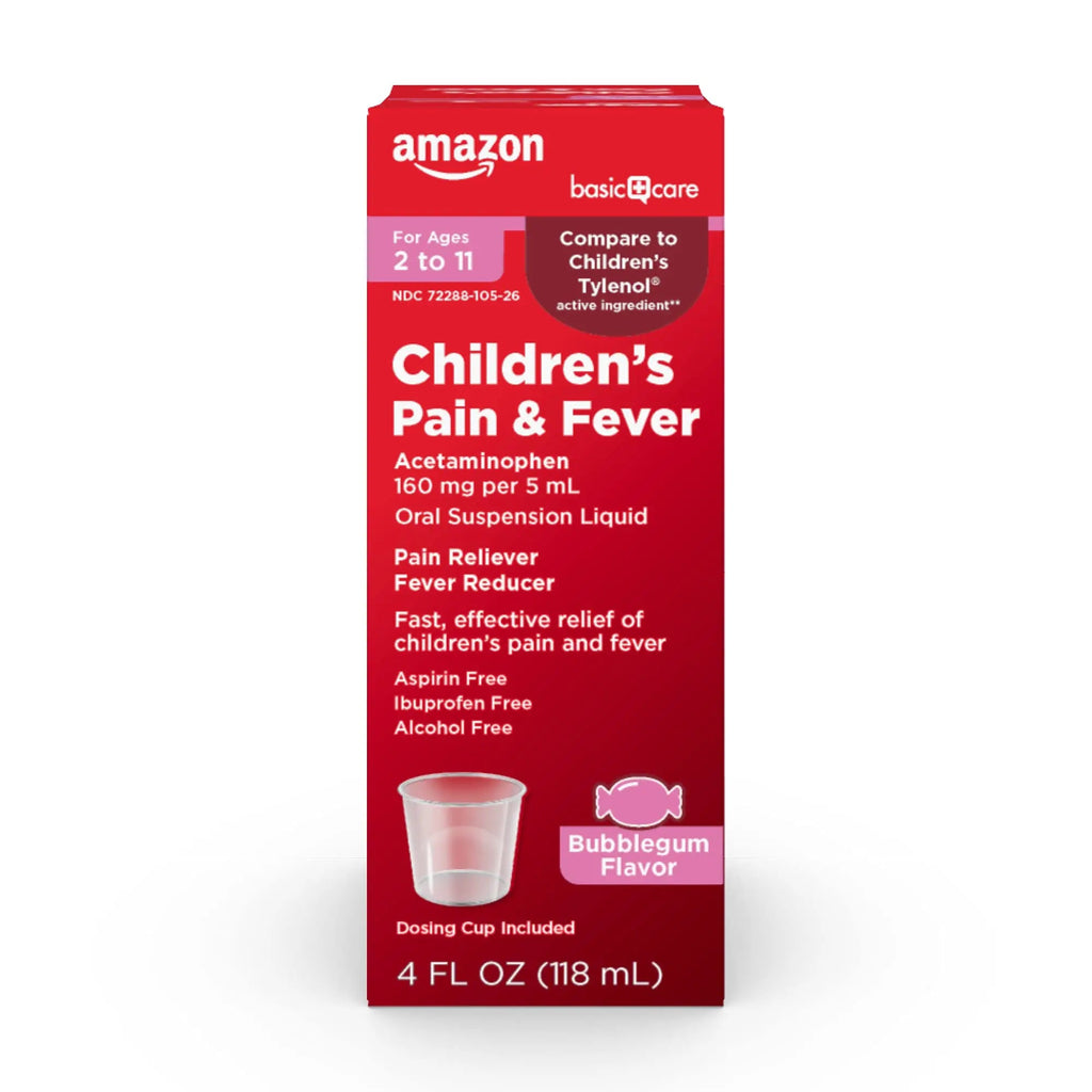 Amazon Basic Care Children's Pain Reliever and Fever Reducer, Acetaminophen 160 mg per 5 ml, Bubblegum Flavor, for Headache and Sore Throat, Ages 2-11 Years, 4 fl oz - TrustMedUSA
