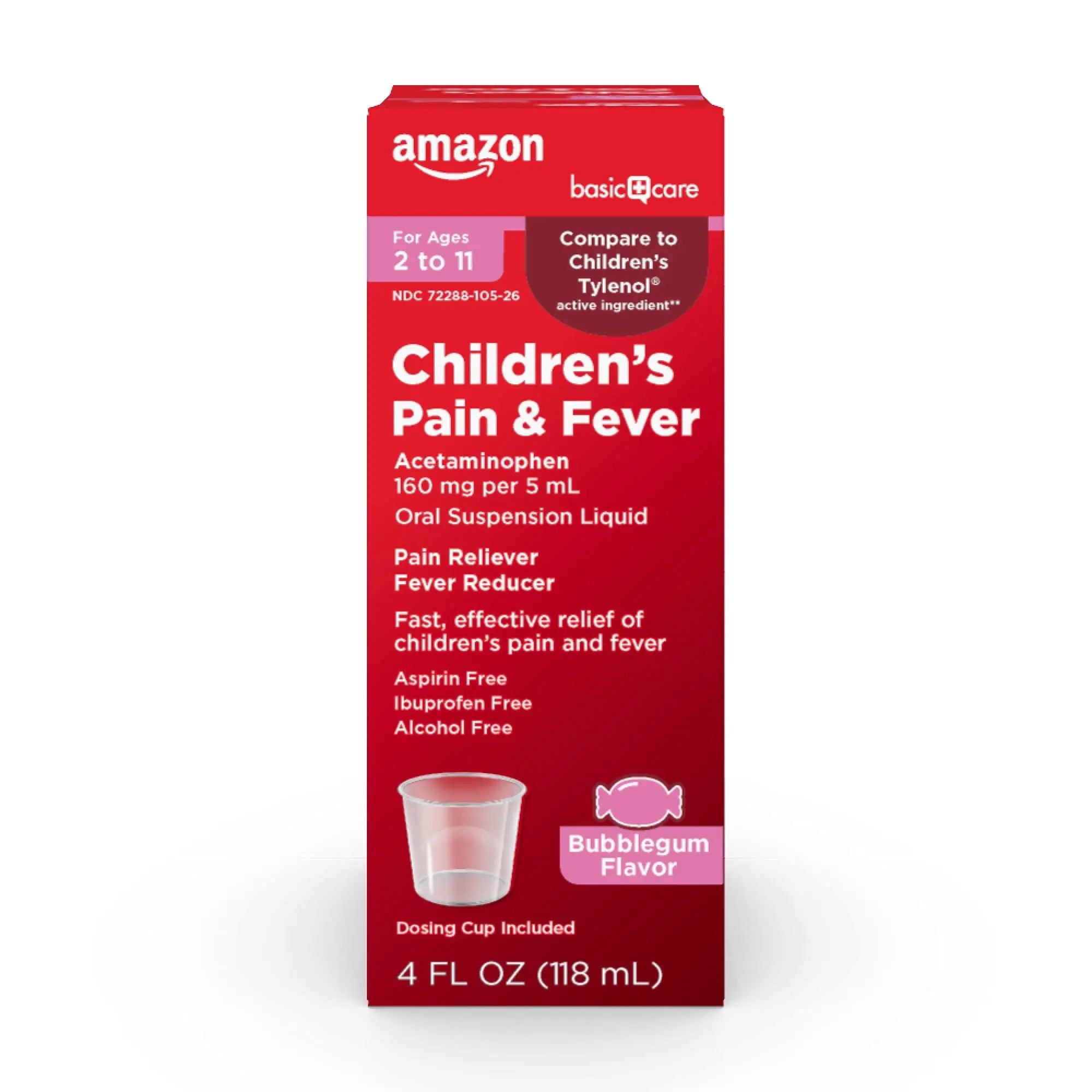 Amazon Basic Care Children's Pain Reliever and Fever Reducer, Acetaminophen 160 mg per 5 ml, Bubblegum Flavor, for Headache and Sore Throat, Ages 2-11 Years, 4 fl oz - TrustMedUSA