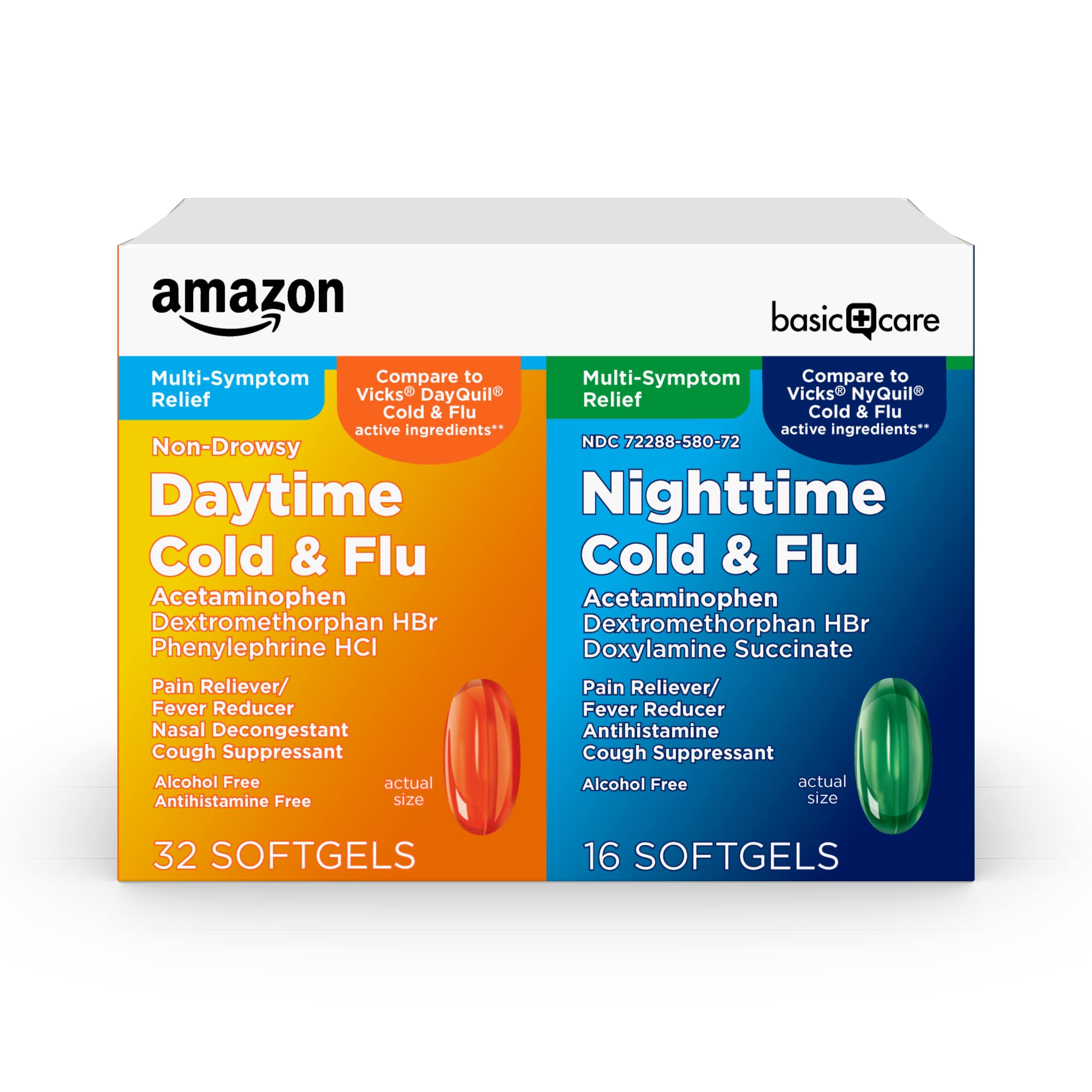 Amazon Basic Care Cold and Flu Relief, Daytime and Nighttime Combo Pack Softgels for Multi-Symptom Relief, Sore Throat, Cough, Nasal Congestion, Headache, 48 Count (Pack of 1) - Maple Wellness Supplements