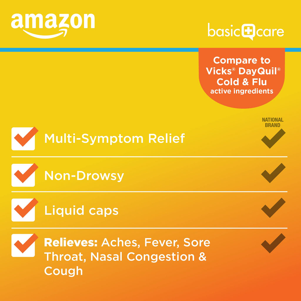 Amazon Basic Care Daytime Cold & Flu Liquid Caps; Cold Care for Daytime Cold and Flu, Orange, 48 Count (Pack of 1) - Maple Wellness Supplements
