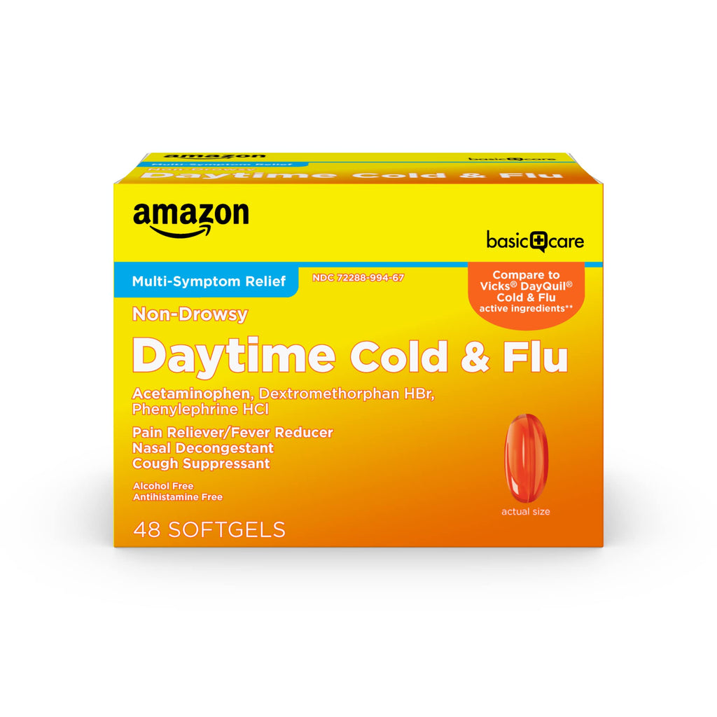 Amazon Basic Care Daytime Cold & Flu Liquid Caps; Cold Care for Daytime Cold and Flu, Orange, 48 Count (Pack of 1) - Maple Wellness Supplements