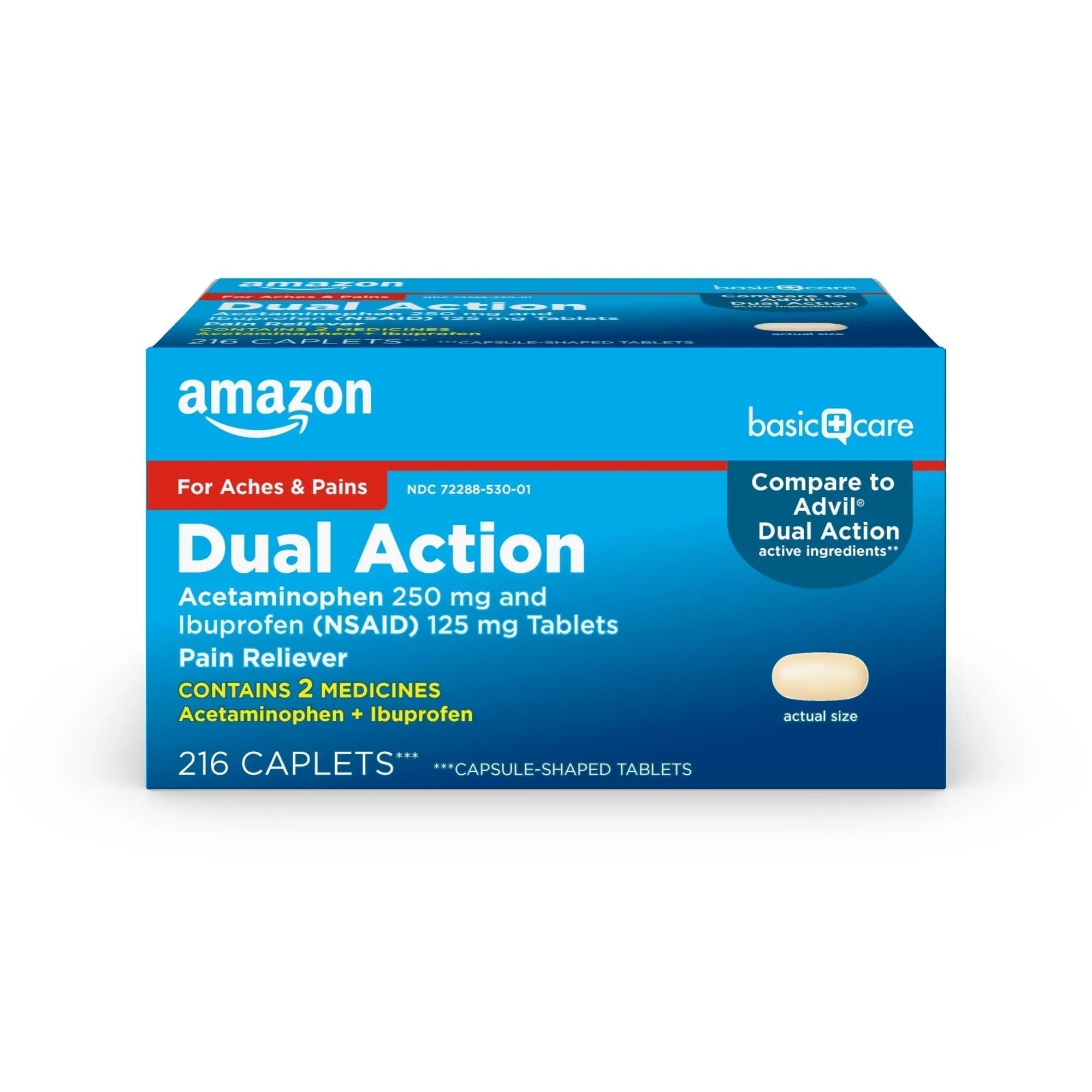 Amazon Basic Care Dual Action Acetaminophen 250 mg and Ibuprofen (NSAID) 125 mg Tablets, Pain Reliever for Headache, Backache, Menstrual Pain, Arthritis Pain Relief, 216 Count - TrustMedUSA