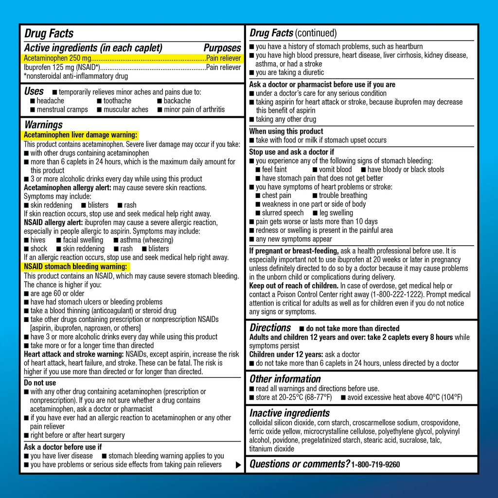 Amazon Basic Care Dual Action Acetaminophen 250 mg and Ibuprofen (NSAID) 125 mg Tablets, Pain Reliever for Headache, Backache, Menstrual Pain, Arthritis Pain Relief, 216 Count - TrustMedUSA