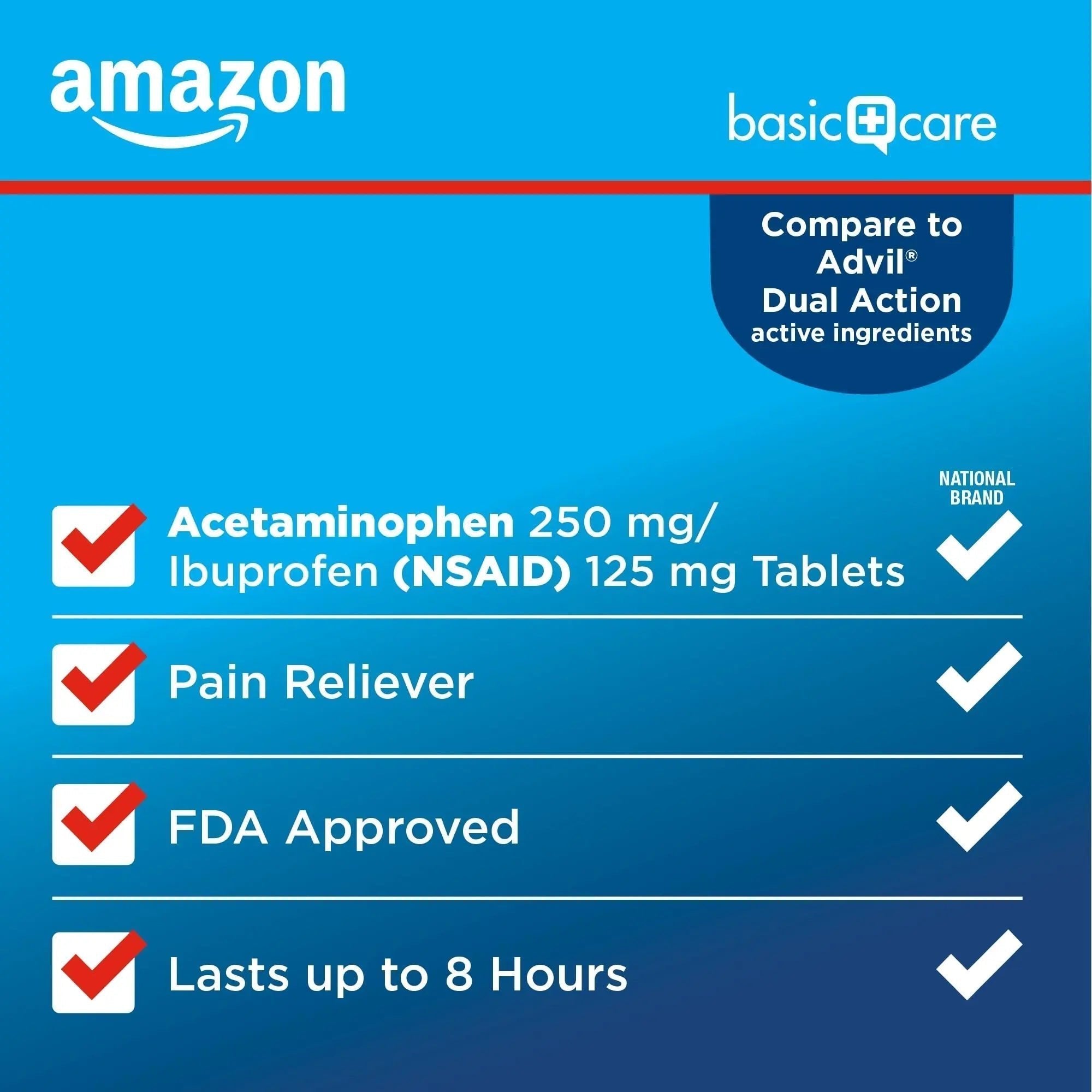 Amazon Basic Care Dual Action Acetaminophen 250 mg and Ibuprofen (NSAID) 125 mg Tablets, Pain Reliever for Headache, Backache, Menstrual Pain, Arthritis Pain Relief, 216 Count - TrustMedUSA