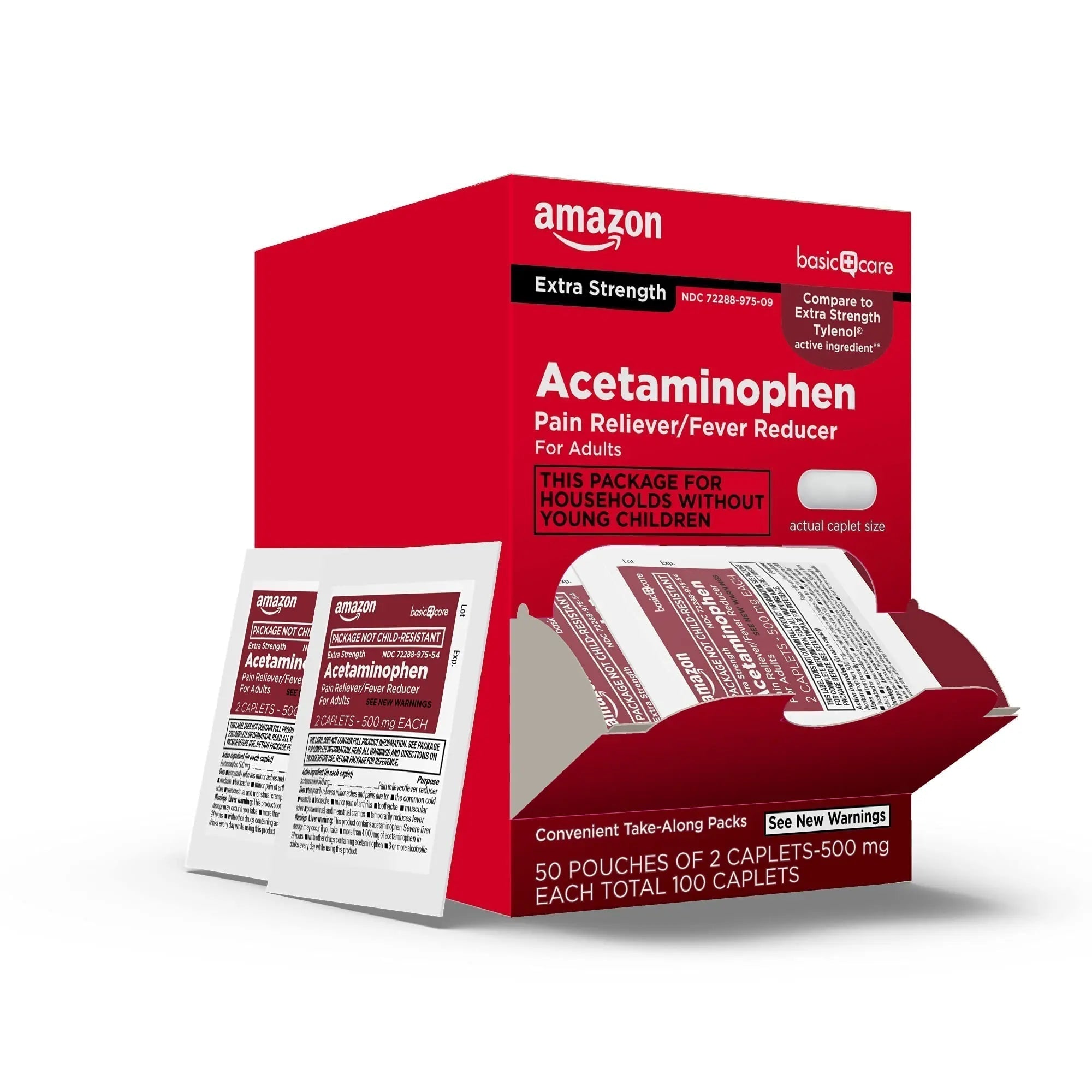 Amazon Basic Care Extra Strength Acetaminophen Caplets 500 mg, Pain Reliever and Fever Reducer, Gentle on Stomach, For Arthritis Pain, Backache Pain and More, 50 Packets of 2 Capsules Each, 100 Count - TrustMedUSA