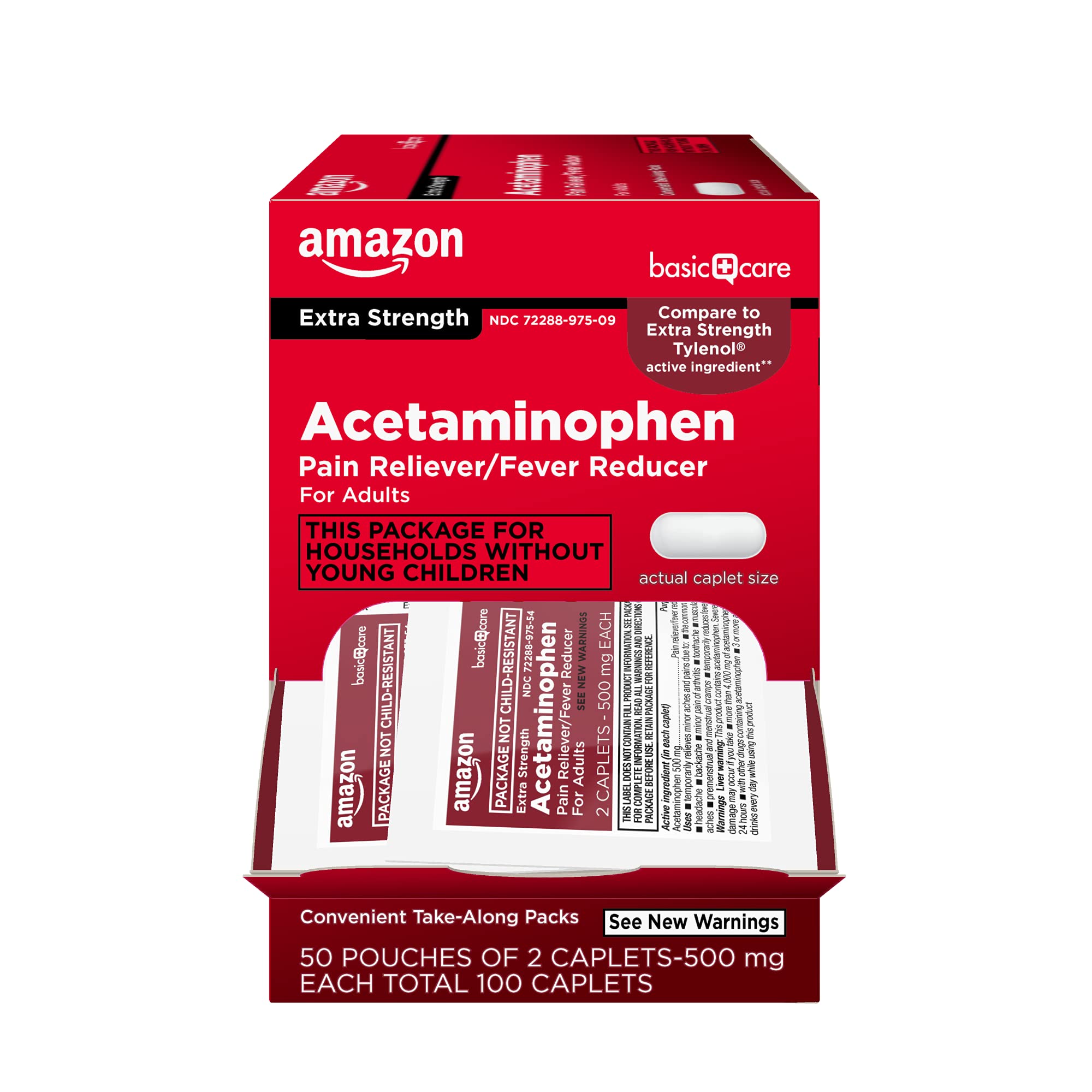 Amazon Basic Care Extra Strength Acetaminophen Caplets 500 mg, Pain Reliever and Fever Reducer, Gentle on Stomach, For Arthritis Pain, Backache Pain and More, 50 Packets of 2 Capsules Each, 100 Count - Maple Wellness Supplements