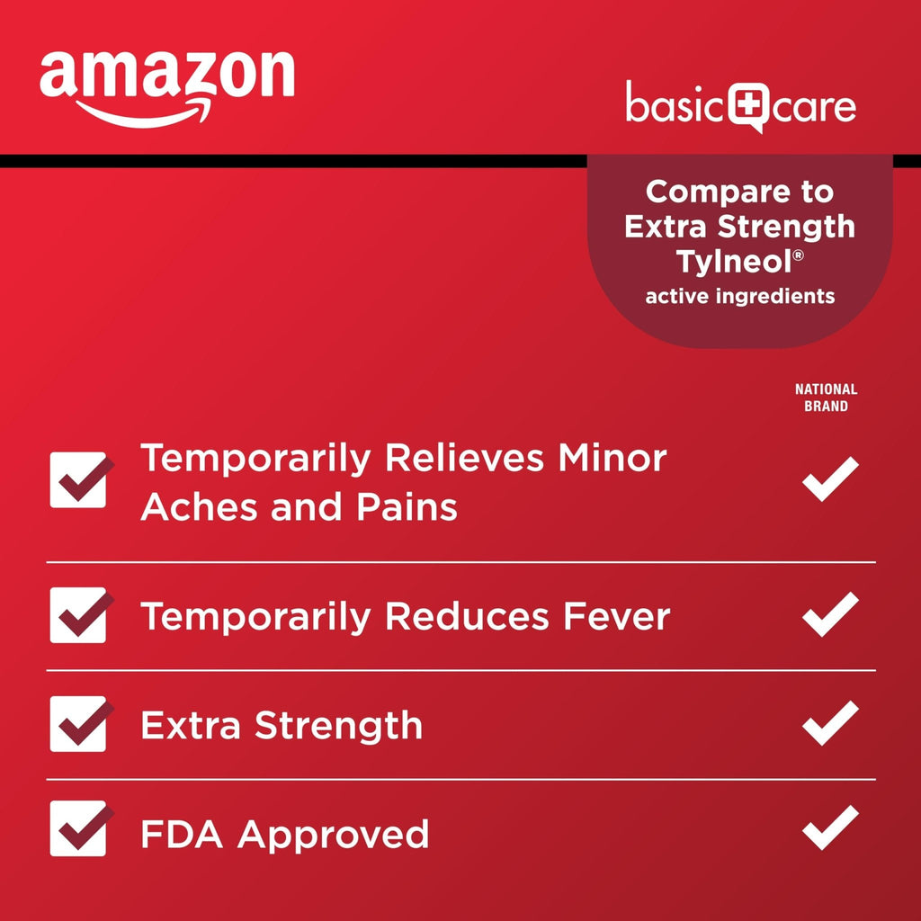 Amazon Basic Care Extra Strength Pain Relief, Acetaminophen Caplets, 500 mg, Pain Reliever/Fever Reducer, 100 Count - Maple Wellness Supplements